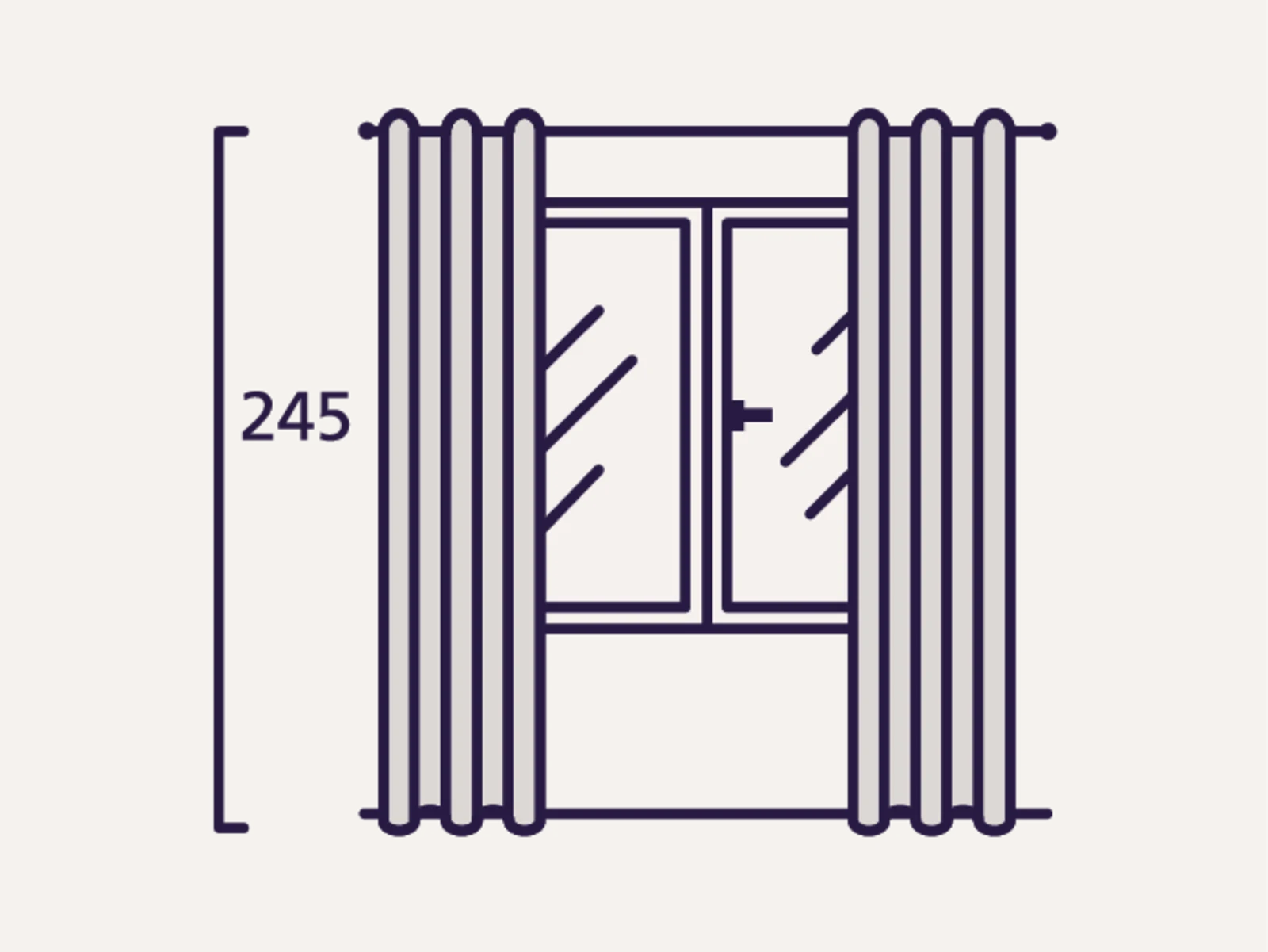 Das Symbol zeigt ein Fenster mit geschlossenen Vorhängen auf beiden Seiten. Links vom Fenster befindet sich eine vertikale Linie mit der Zahl "245", die die Höhe in Zentimetern angibt. Das Symbol zeigt ein Fenster mit geschlossenen Vorhängen auf beiden Seiten. Links vom Fenster befindet sich eine vertikale Linie mit der Zahl "245", die die Höhe in Zentimetern angibt.