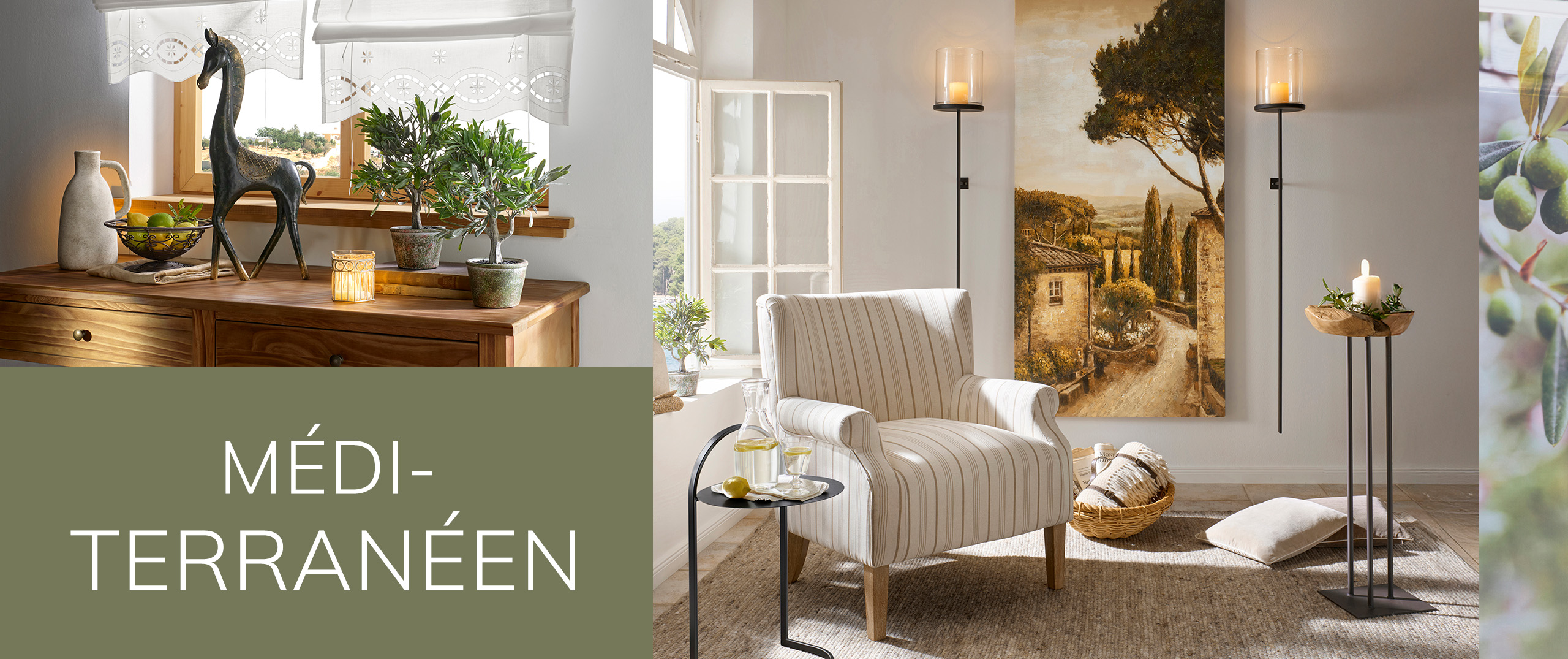 Scène d’intérieur méditerranéenne avec panier et lavande, tableaux de paysages, fauteuils clairs et tapis. Au centre, fond beige avec texte bleu foncé : 'MÉDITERRANÈEN'.