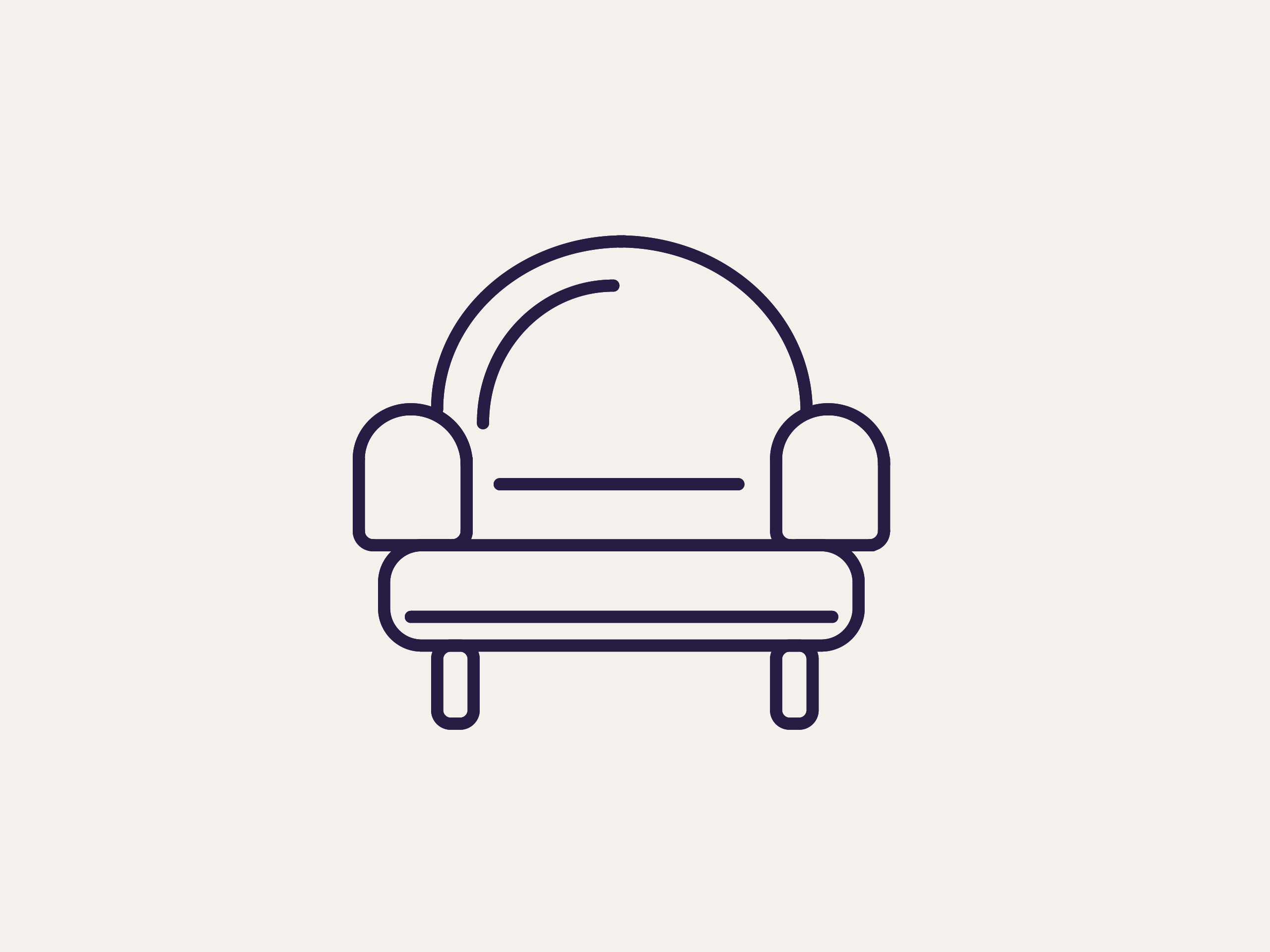 Icône minimaliste d'un fauteuil avec accoudoirs, dessinée en lignes noires sur fond beige.