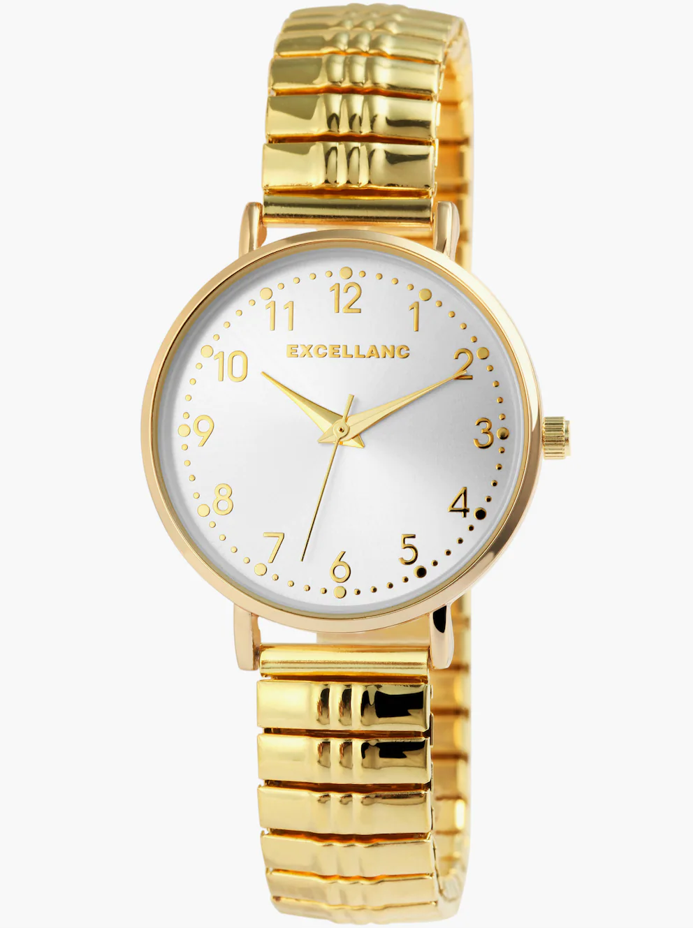 Eine goldene Armbanduhr mit einem glänzenden Metallarmband und einem weissen Zifferblatt ist zu sehen. Die Uhr hat goldene Zeiger und Zahlen.