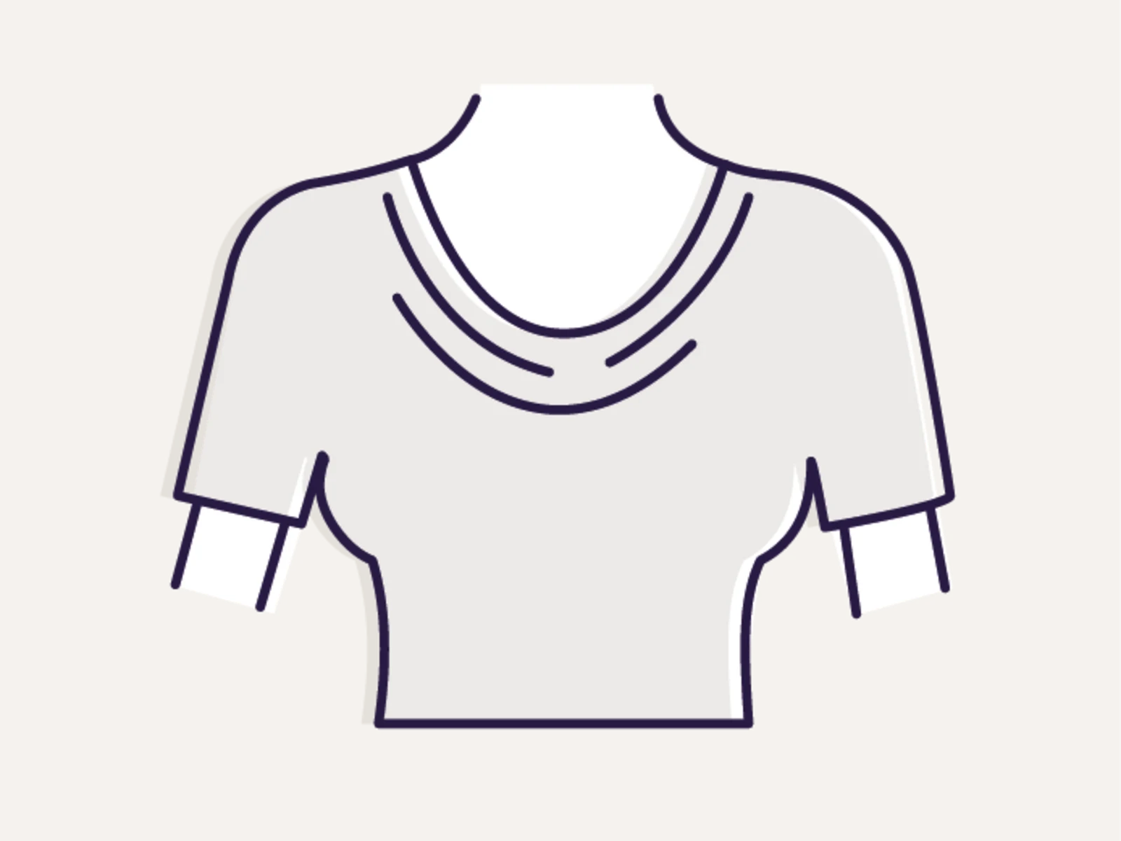 Symbol eines kurzärmeligen Damenoberteils mit einem Wasserfall-Ausschnitt auf beigem Hintergrund.