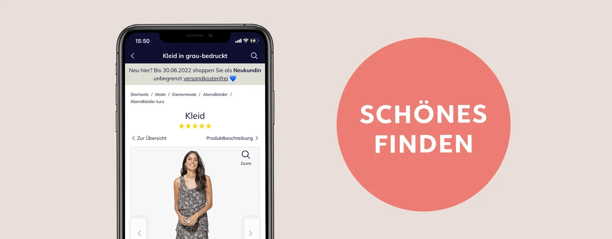 Smartphone mit geöffneter Produktseite eines grauen Kleides, daneben roter Kreis mit weißer Schrift `Schönes finden´ Smartphone mit geöffneter Produktseite eines grauen Kleides, daneben roter Kreis mit weißer Schrift `Schönes finden´