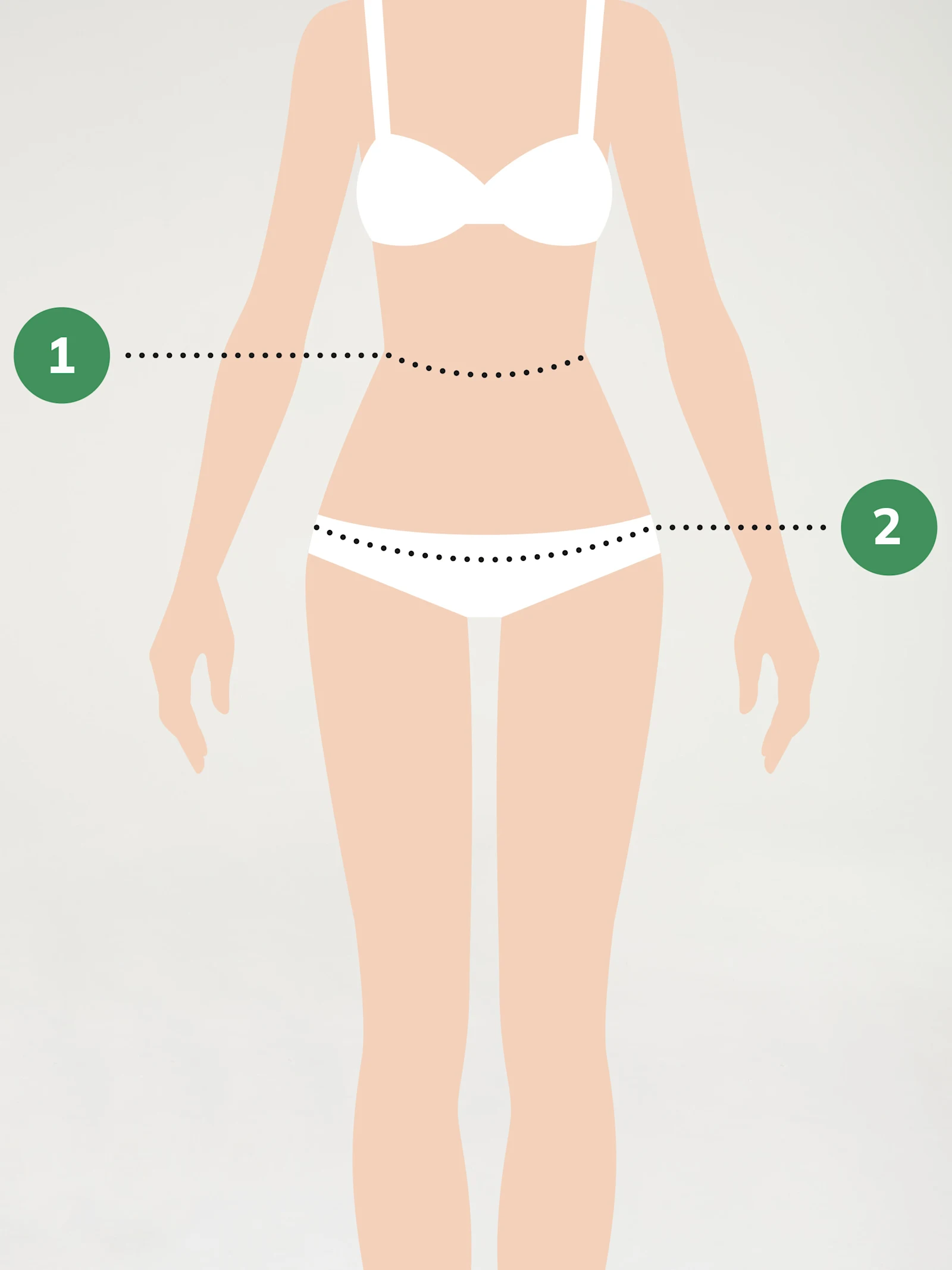 Illustratie van een vrouwenfiguur in ondergoed met markeringen om taille en heupen te meten. Illustratie van een vrouwenfiguur in ondergoed met markeringen om taille en heupen te meten.