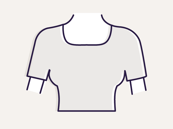 Symbol eines weißen T-Shirts mit kurzen Ärmeln und einem Karree-Ausschnitt auf beigem Hintergrund.