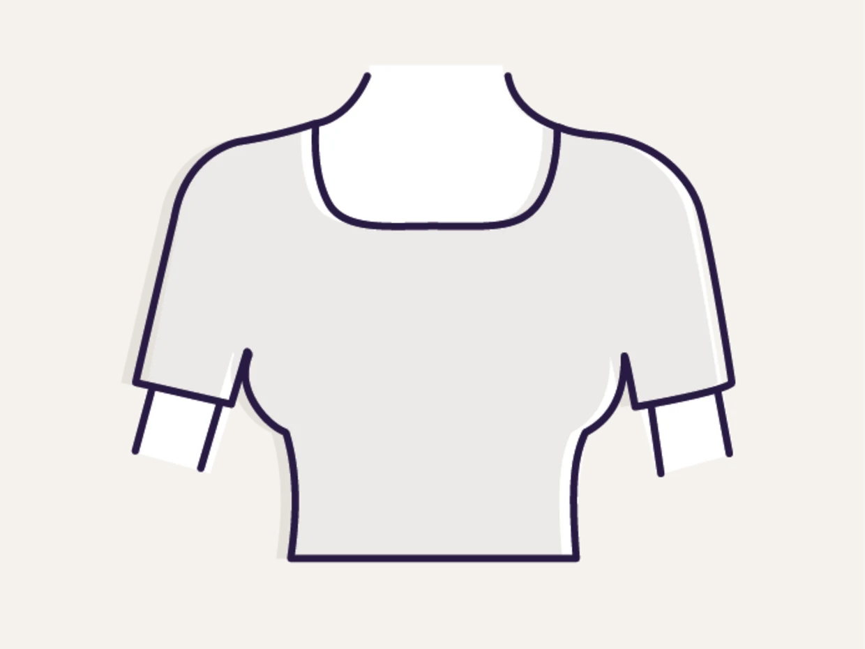 Symbool van een wit T-shirt met korte mouwen en een vierkante halslijn op een beige achtergrond.