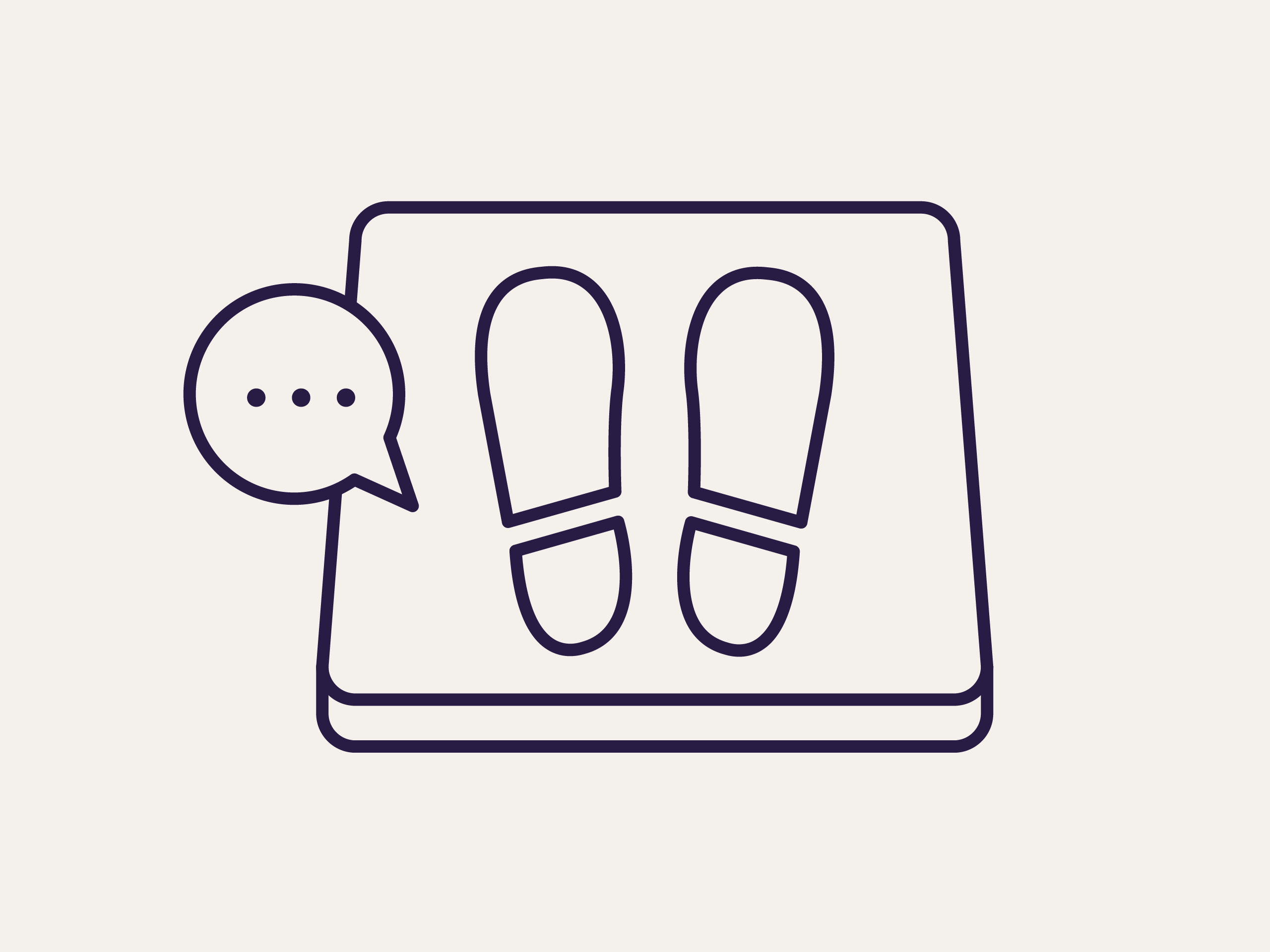 Symbol einer Fußmatte mit zwei Fußabdrücken und einer Sprechblase, minimalistisches Design auf beigem Hintergrund.