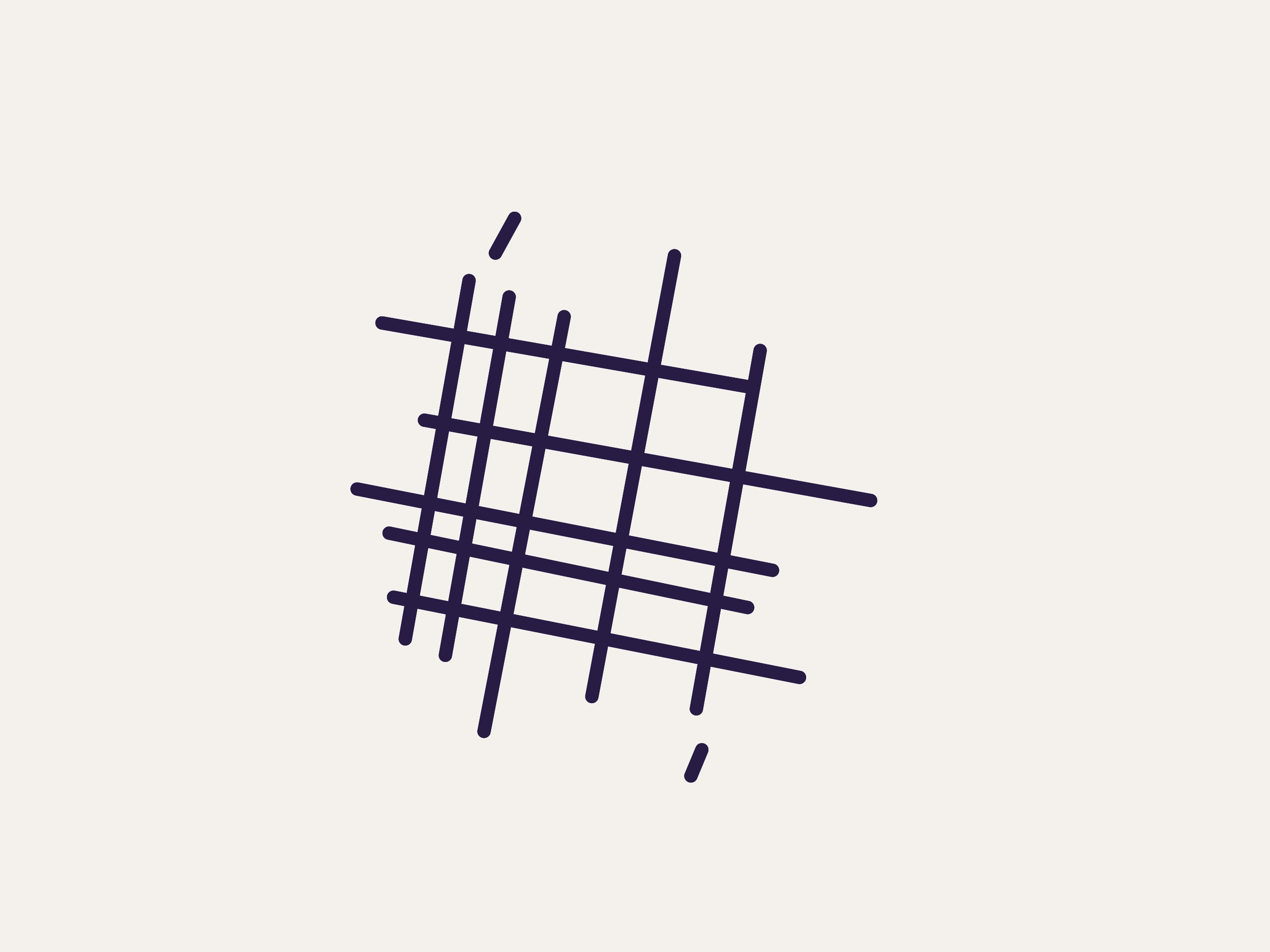 Abstracte illustratie met donkerpaarse lijnen in een rasterpatroon op een beige achtergrond.