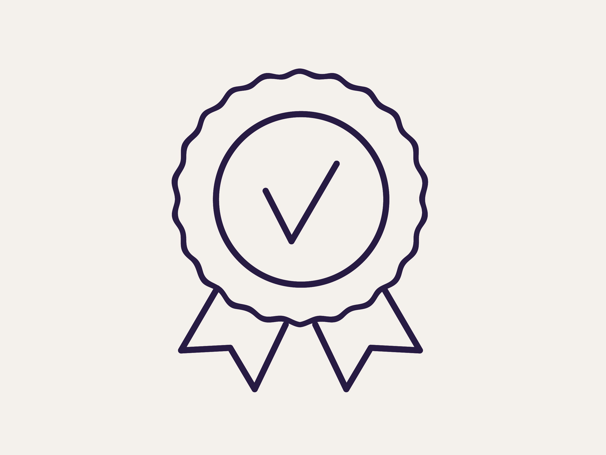 Icône d'un badge de certification avec un contour ondulé, un check-mark au centre et deux rubans en bas, sur fond beige.