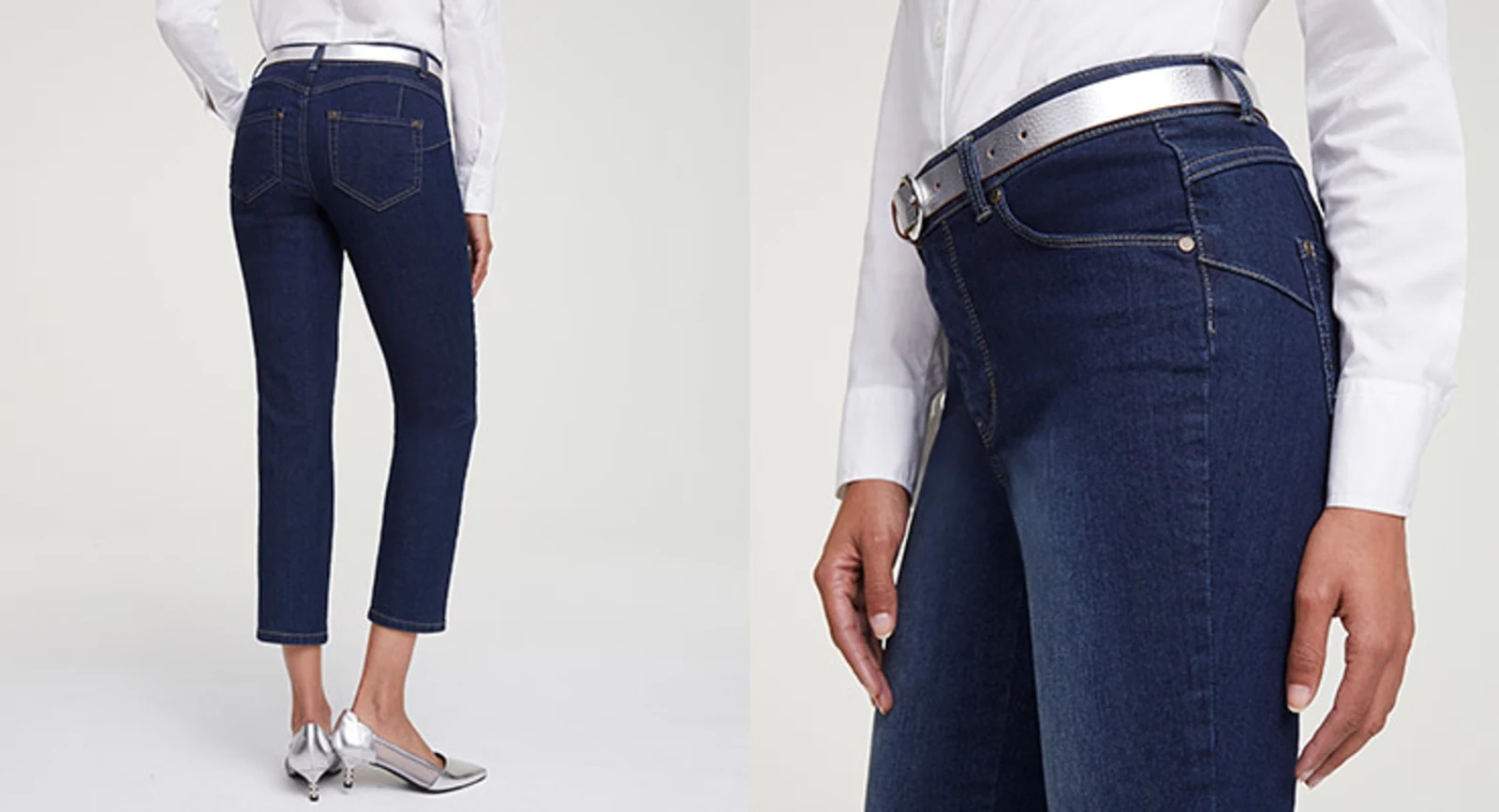 Dunkelblaue Damen-Jeans in schmaler Passform, kombiniert mit weißer Bluse und silbernem Gürtel, getragen mit silberfarbenen Pumps. Dunkelblaue Damen-Jeans in schmaler Passform, kombiniert mit weißer Bluse und silbernem Gürtel, getragen mit silberfarbenen Pumps.