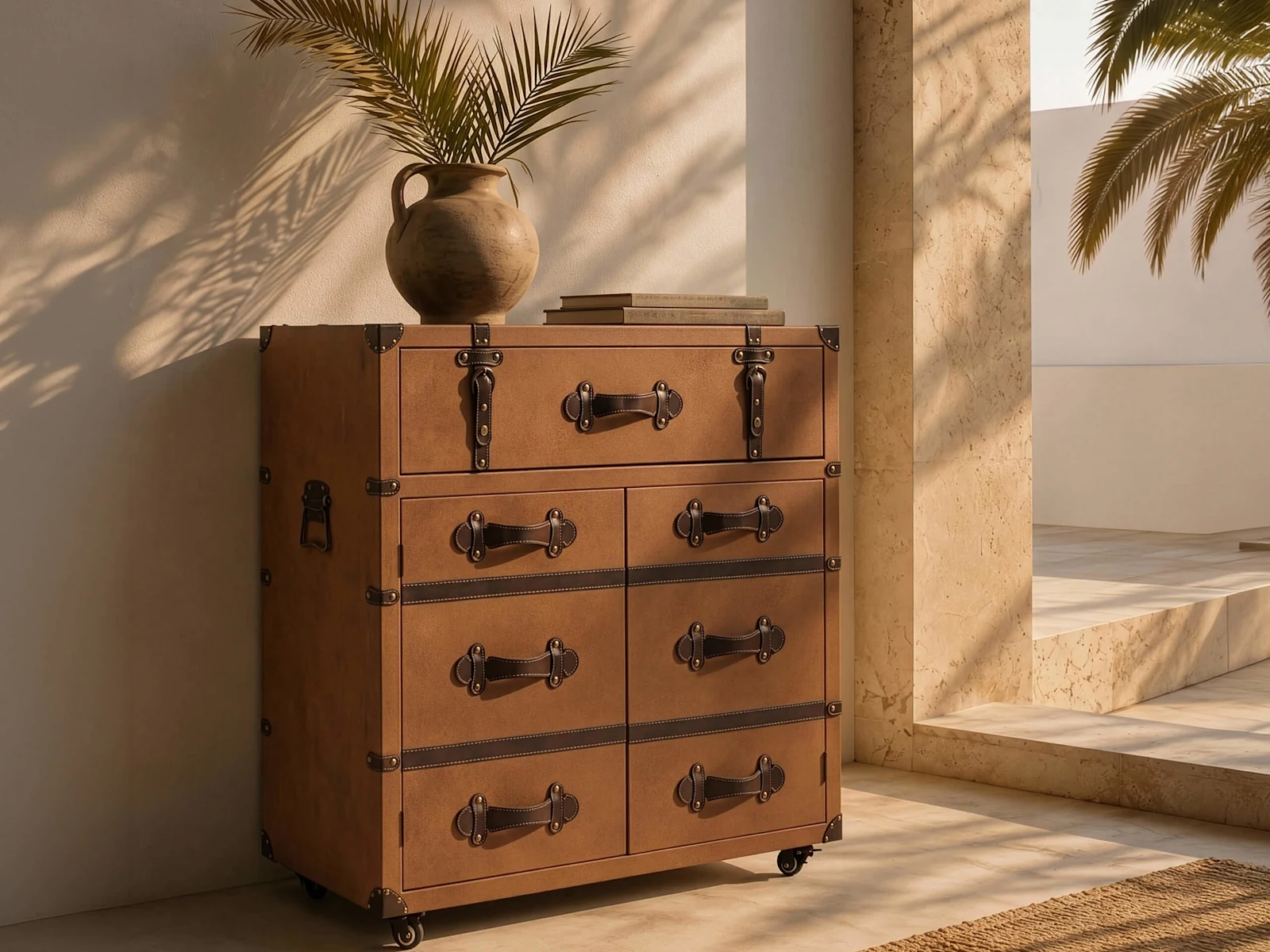 Ein brauner vintage Kommode mit Metallbeschlägen steht in einem hellen Raum, darauf eine Vase mit Palmblättern und einige Bücher.