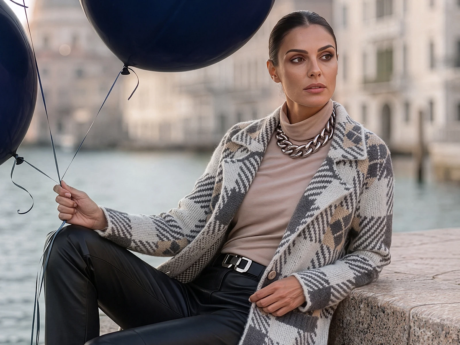 Ein Model am Kanal trägt einen grau gemusterten Cardigan, Rollkragenpullover und schwarze Hose, mit schwarzen Ballons.