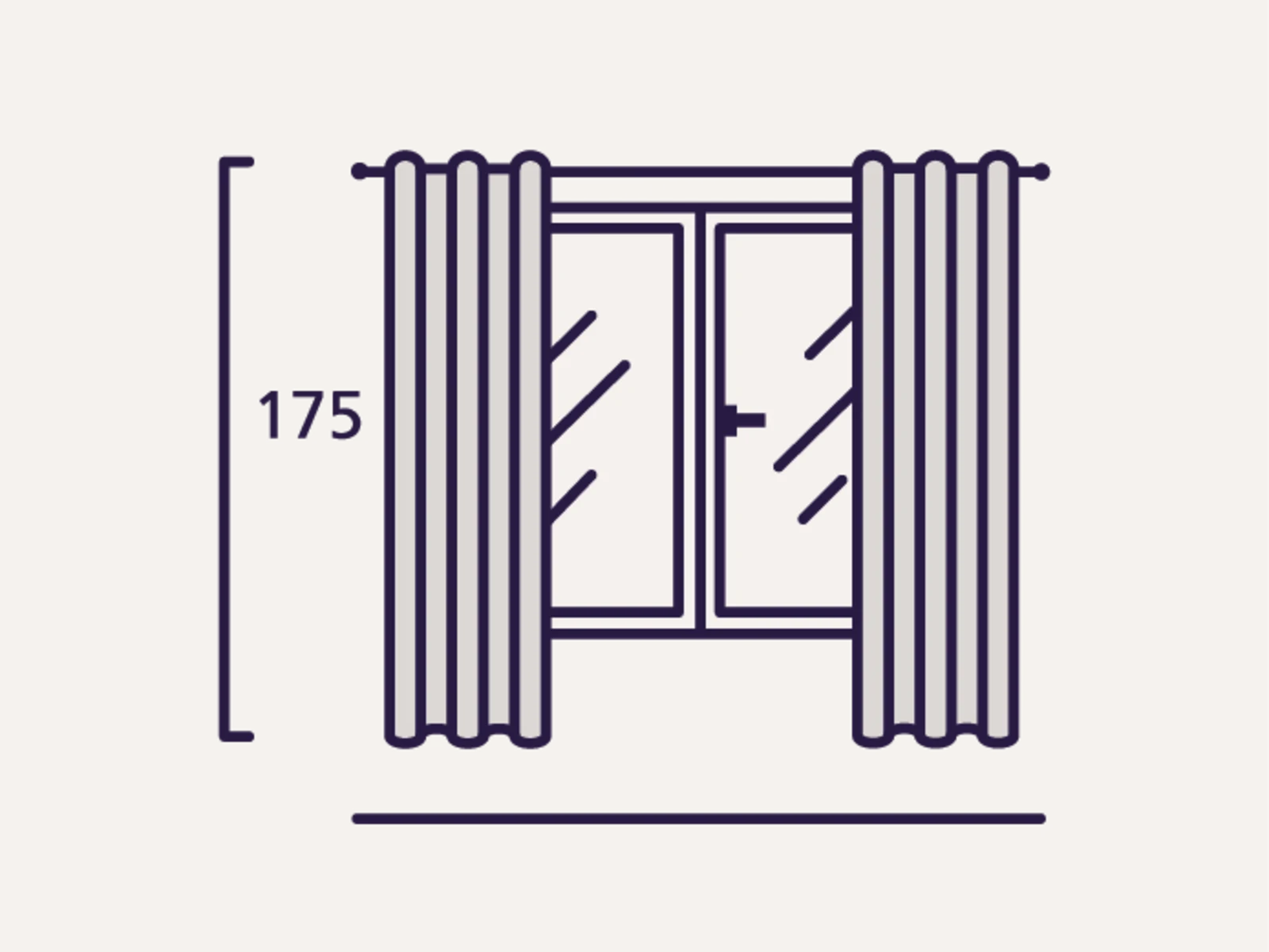Das Symbol zeigt ein Fenster mit zwei Flügeln, das von zwei Vorhängen eingerahmt ist. Links neben dem Fenster ist eine vertikale Linie mit der Zahl "175" zu sehen, die die Höhe in Zentimetern darstellt. Das Symbol zeigt ein Fenster mit zwei Flügeln, das von zwei Vorhängen eingerahmt ist. Links neben dem Fenster ist eine vertikale Linie mit der Zahl "175" zu sehen, die die Höhe in Zentimetern darstellt.