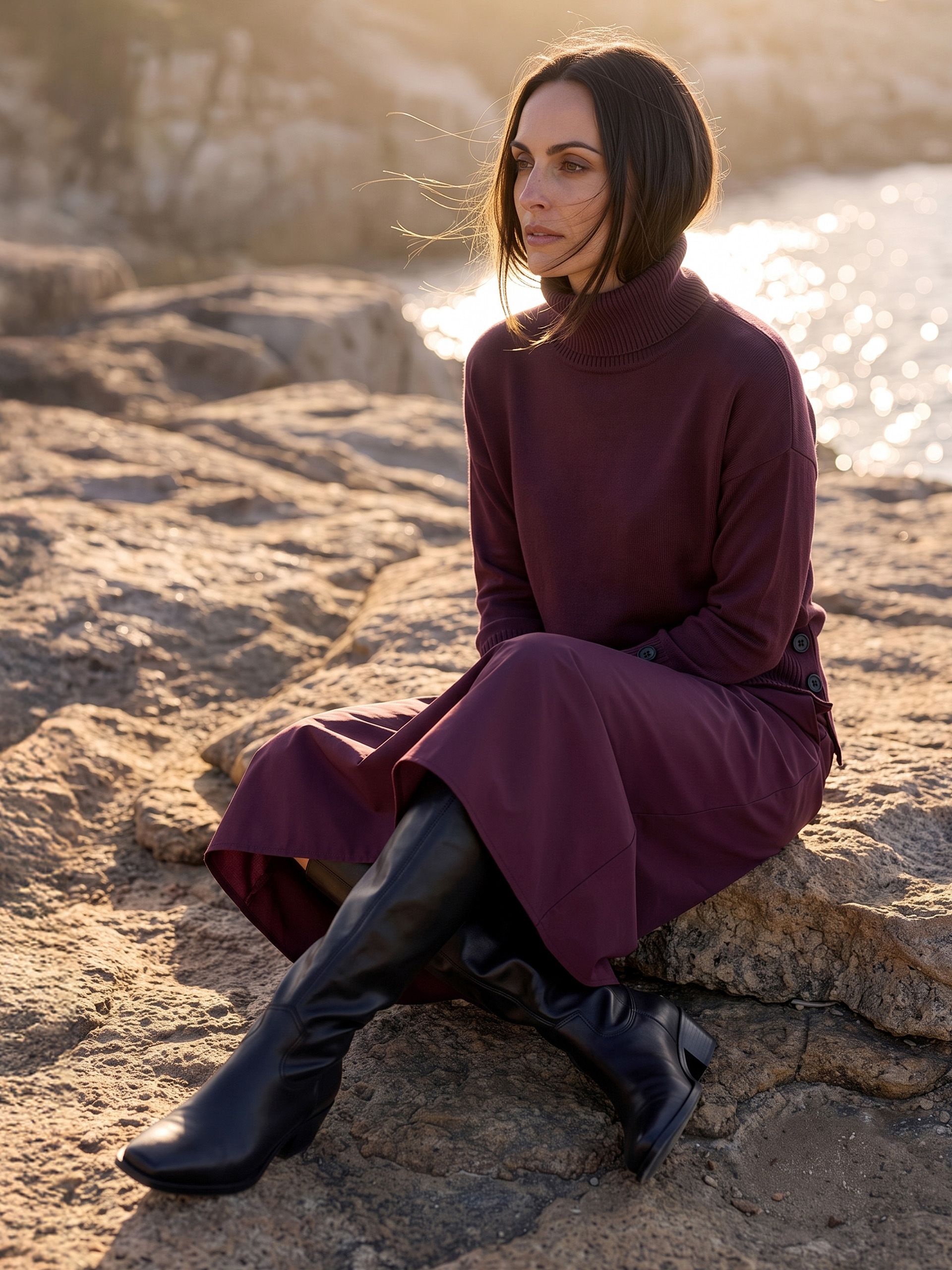 Ein Model sitzt auf einem Felsen am Meer. Es trägt einen bordeauxfarbenen Rollkragenpullover, einen Rock und schwarze Stiefel.
