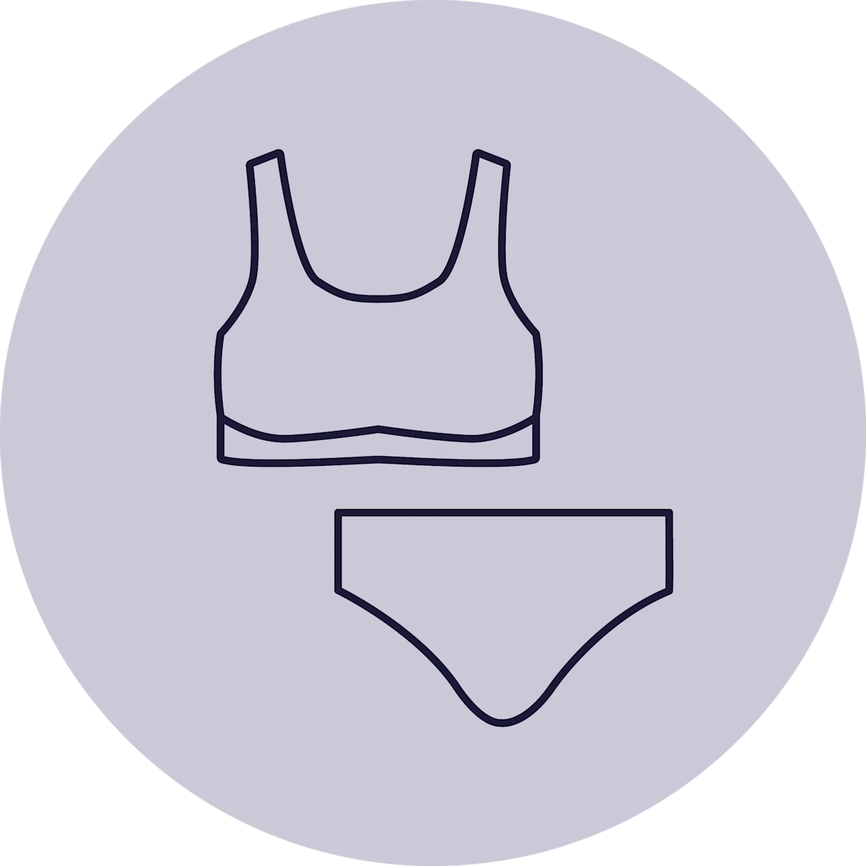 Das Symbol zeigt eine stilisierte Darstellung eines Bustier-Bikinis mit einem länger geschnittenen Oberteil und einem Bikinihöschen, innerhalb eines grauen Kreises. Darunter steht der Text "Bustier-Bikini", der die Art des Bikinis beschreibt.