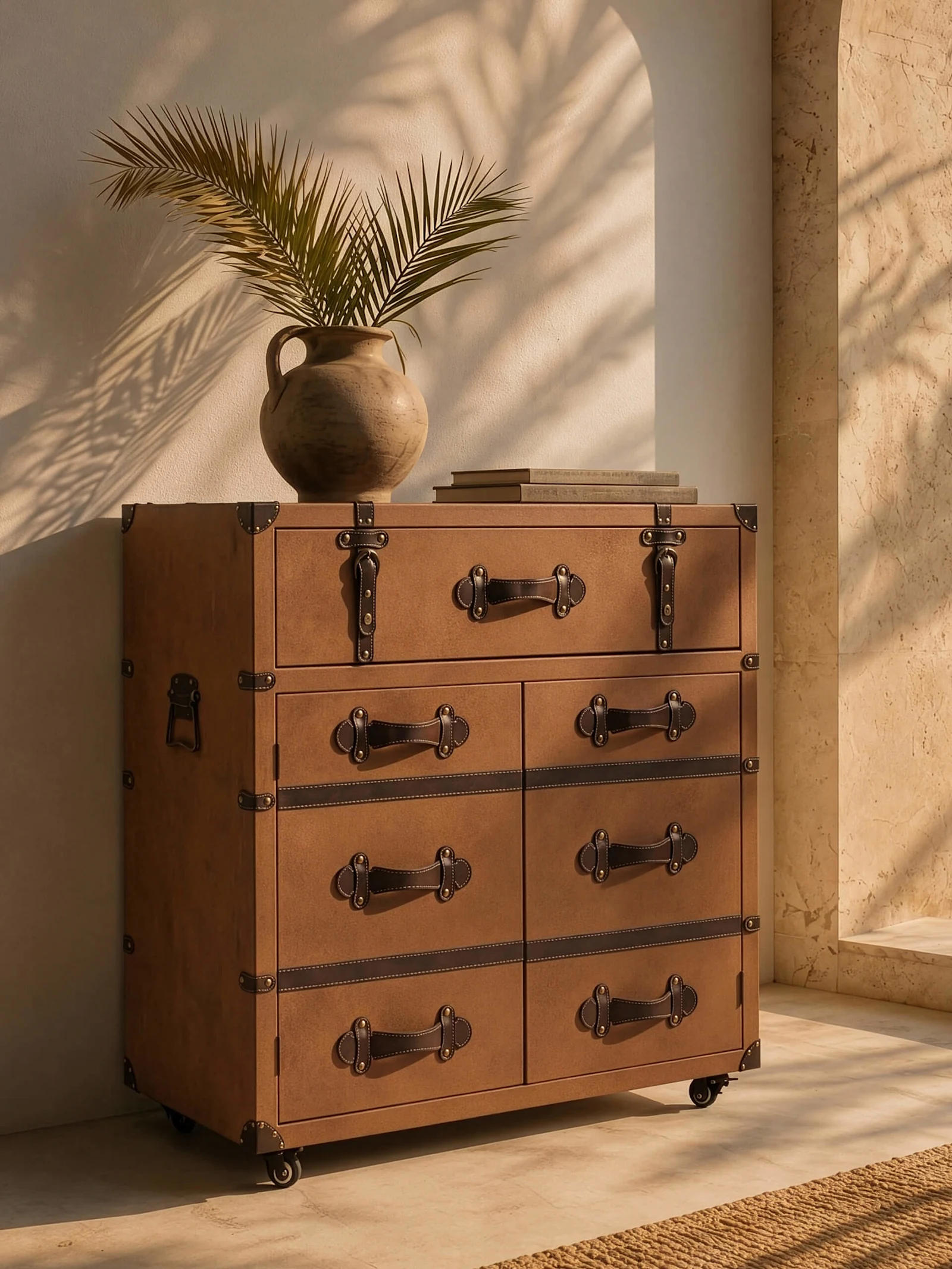 Une commode vintage marron avec des ferrures en métal se trouve dans une pièce lumineuse, dessus un vase avec des feuilles de palmier et quelques livres.
