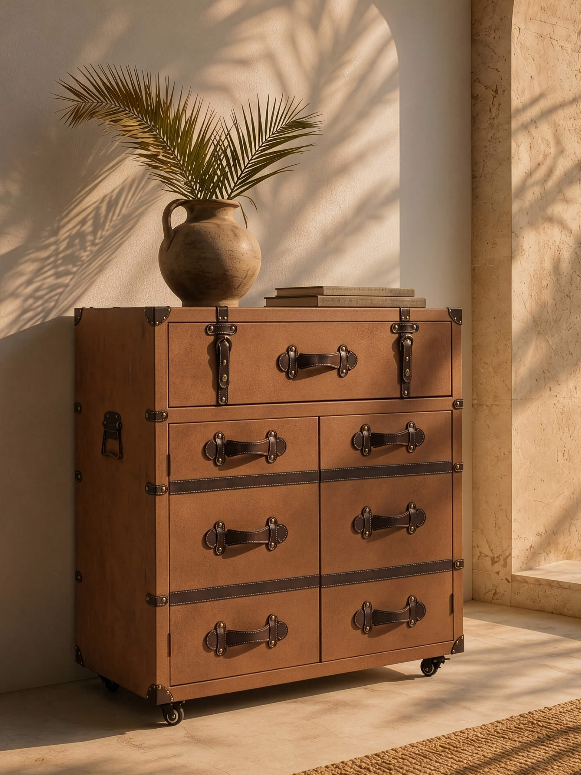 Een bruine vintage ladekast met metalen beslag staat in een lichte kamer, erop een vaas met palmbladeren en enkele boeken.