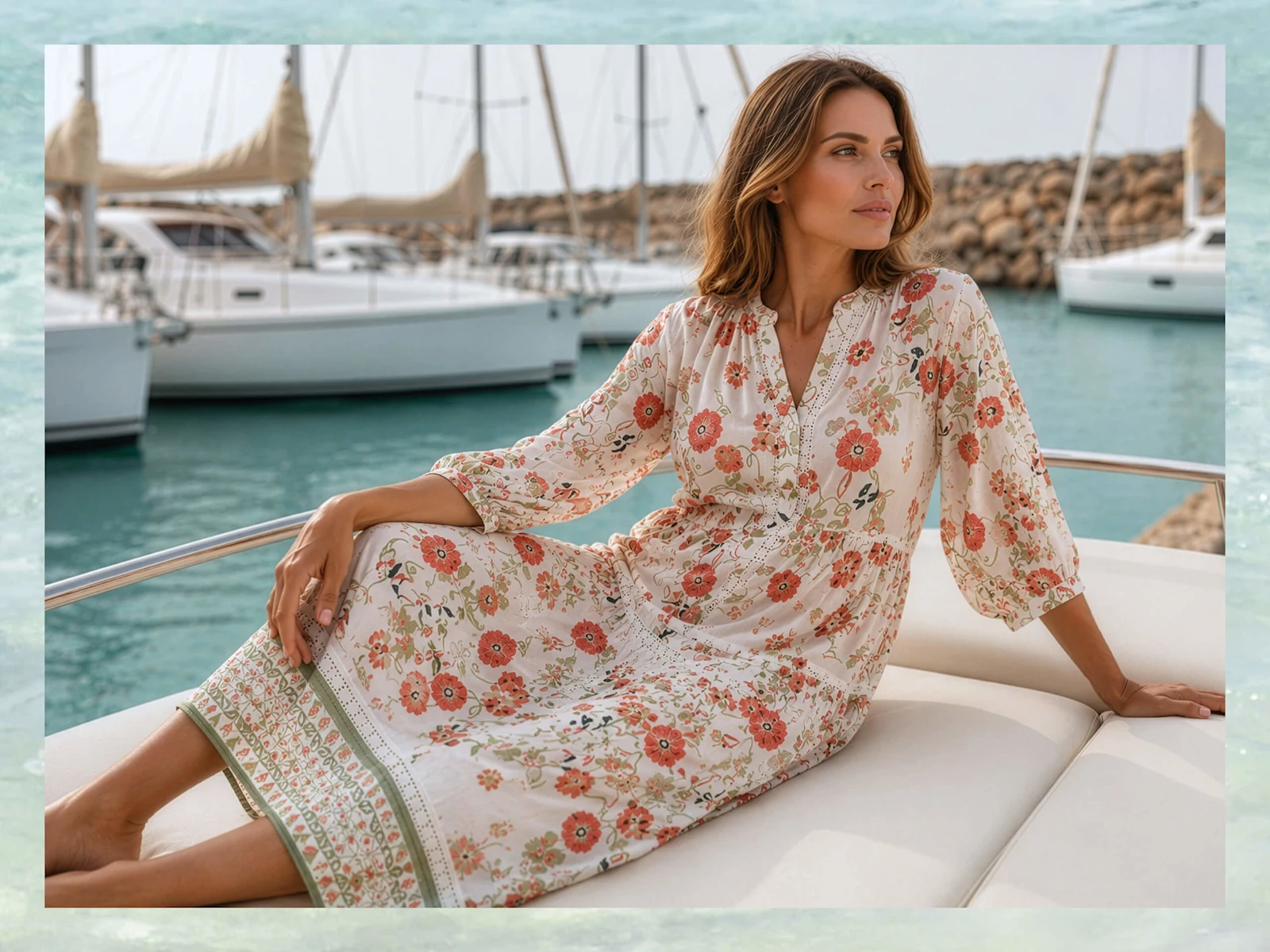 Ein Model sitzt entspannt auf einem Boot, trägt ein weißes, langärmeliges Kleid mit buntem Blumenmuster, im Hintergrund Wasser und Segelboote.