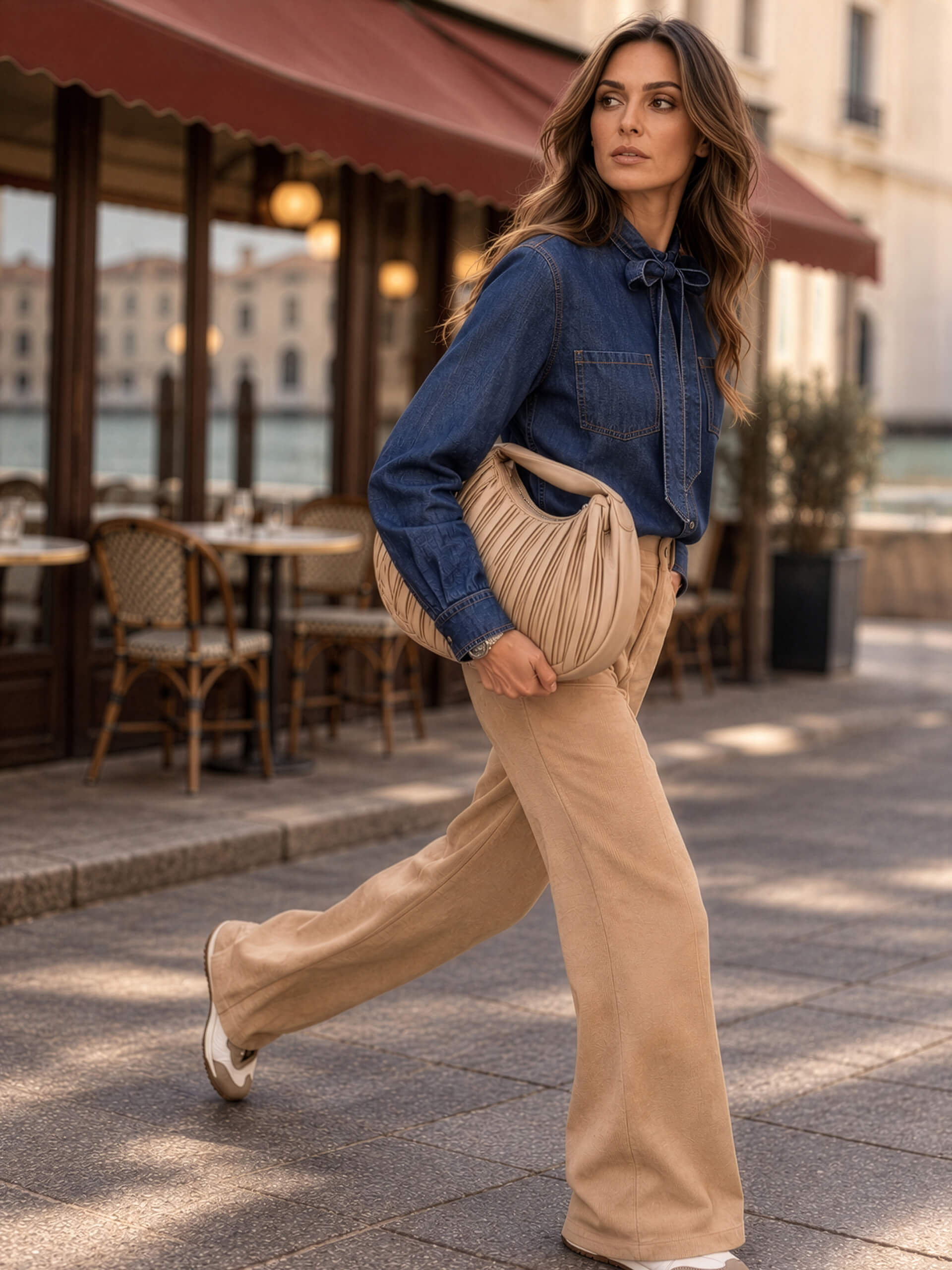 Ein Model in dunkelblauem Denimhemd und beiger Hose geht mit einer beigen Tasche an einem Straßencafé vorbei.