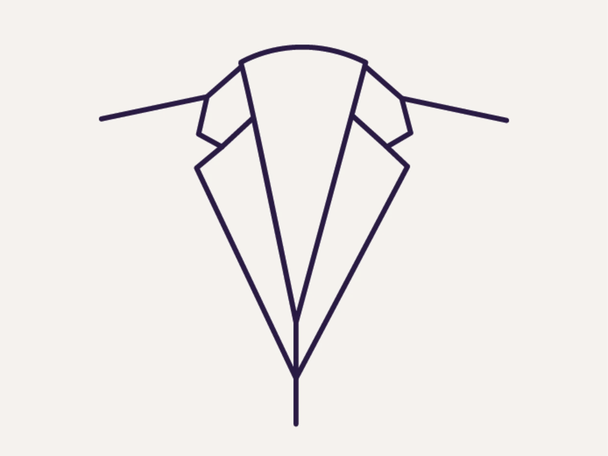 Symbole d'un manteau stylisé avec col et revers dans une ligne bleu foncé sur fond beige. Symbole d'un manteau stylisé avec col et revers dans une ligne bleu foncé sur fond beige.