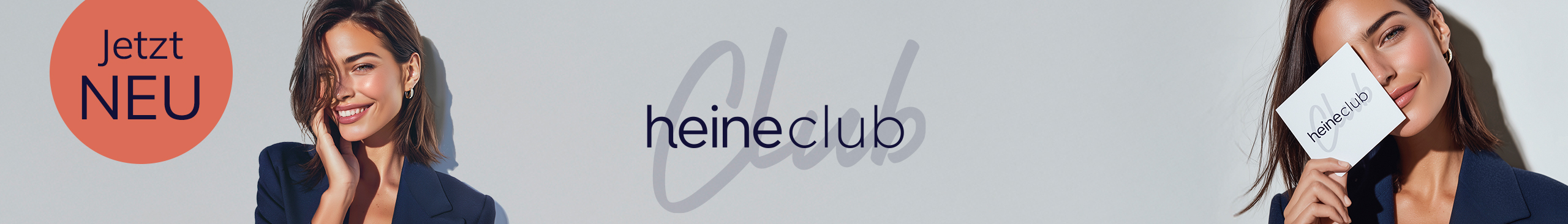 in Model vor hellem Hintergrund, links ein Kreis mit Text 'Jetzt NEU', mittig Schriftzug 'heineclub', rechts hält ein Model eine Karte mit Text