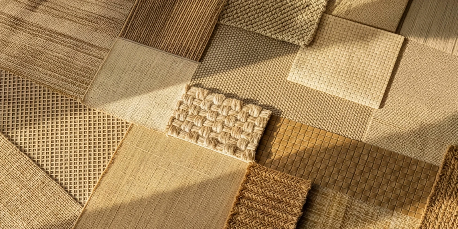 Verschiedene Naturfaser-Teppiche und Matten in Patchwork-Anordnung, mit unterschiedlichen Webstrukturen und Brauntönen.