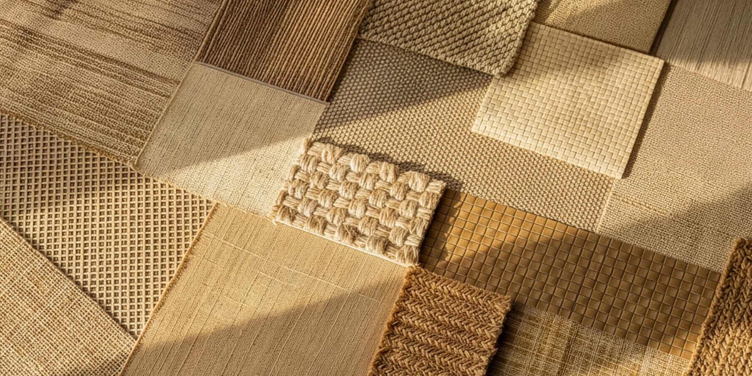 Verschillende natuurvezel tapijten en matten in patchworkpatroon, met diverse weefstructuren en bruintinten.