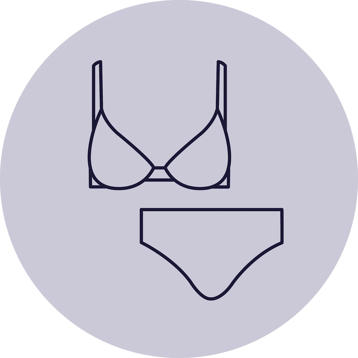 Das Symbol zeigt eine stilisierte Darstellung eines Bügel-Bikinis mit einem Oberteil, das durch Bügel gestützt wird, und einem Bikinihöschen, innerhalb eines grauen Kreises. Darunter steht der Text "Bügel-Bikini", der die Art des Bikinis beschreibt.