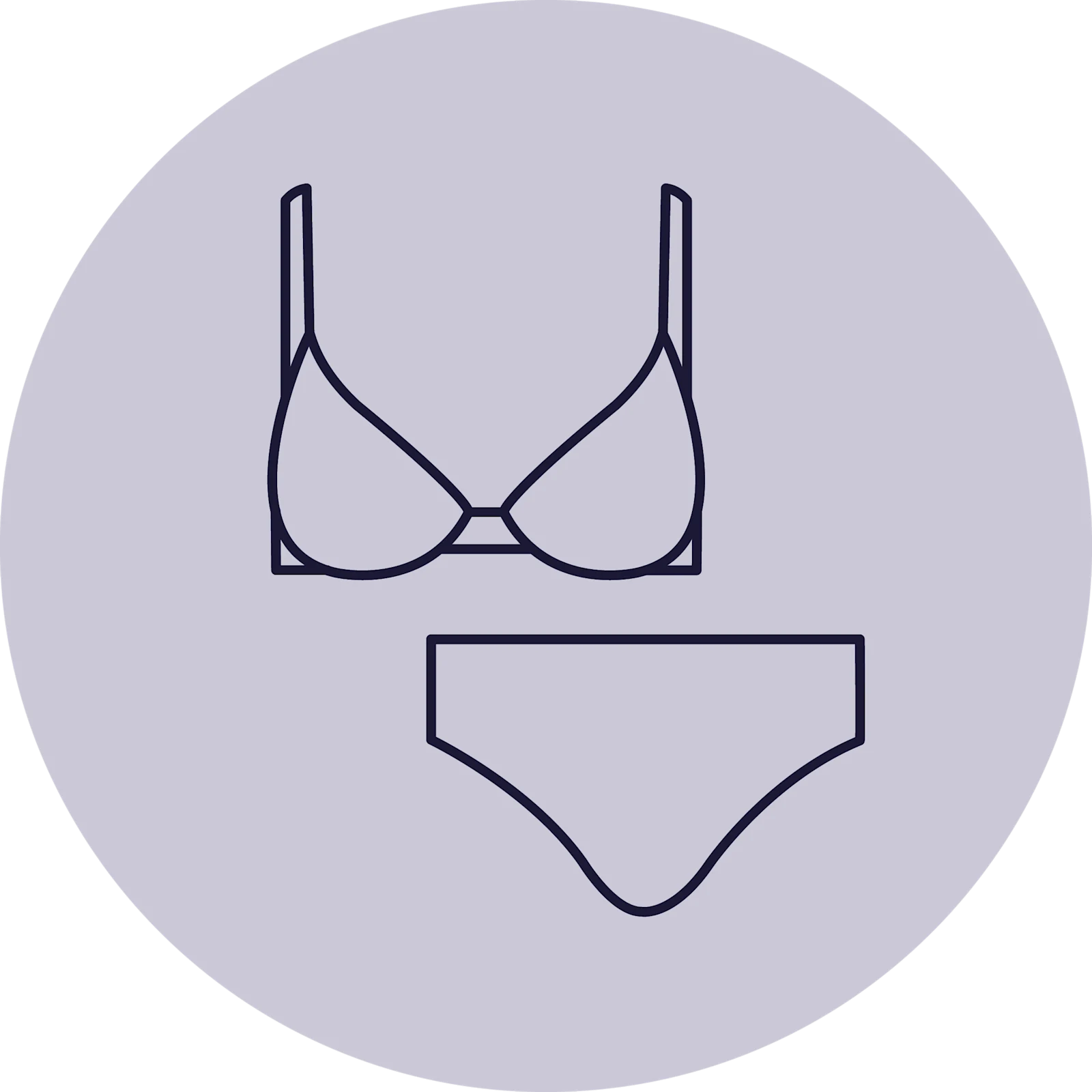 Das Symbol zeigt eine stilisierte Darstellung eines Bügel-Bikinis mit einem Oberteil, das durch Bügel gestützt wird, und einem Bikinihöschen, innerhalb eines grauen Kreises. Darunter steht der Text "Bügel-Bikini", der die Art des Bikinis beschreibt.