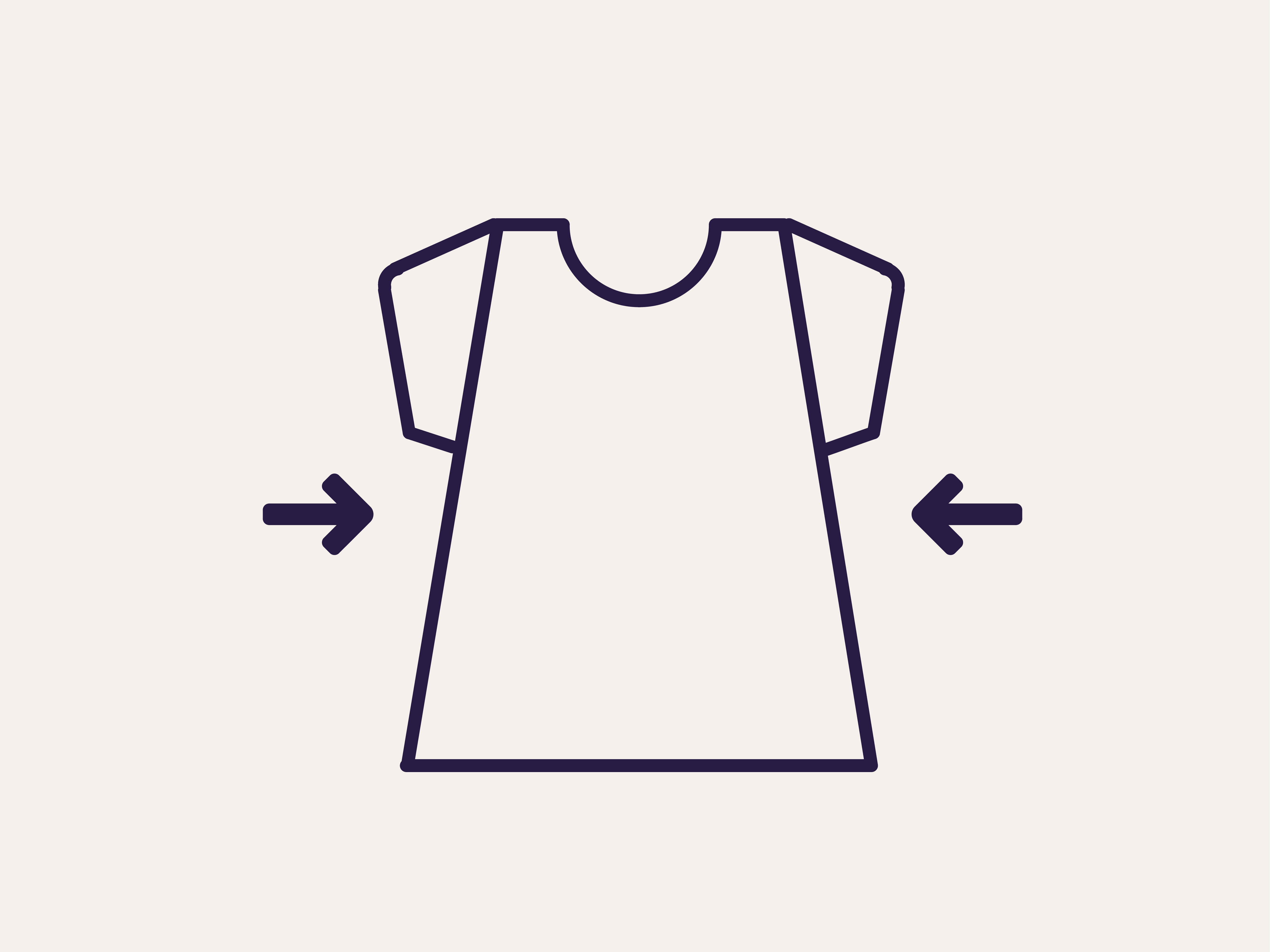 Symbool van een jurk met twee pijlen die een smallere pasvorm aangeven, tegen een beige achtergrond.