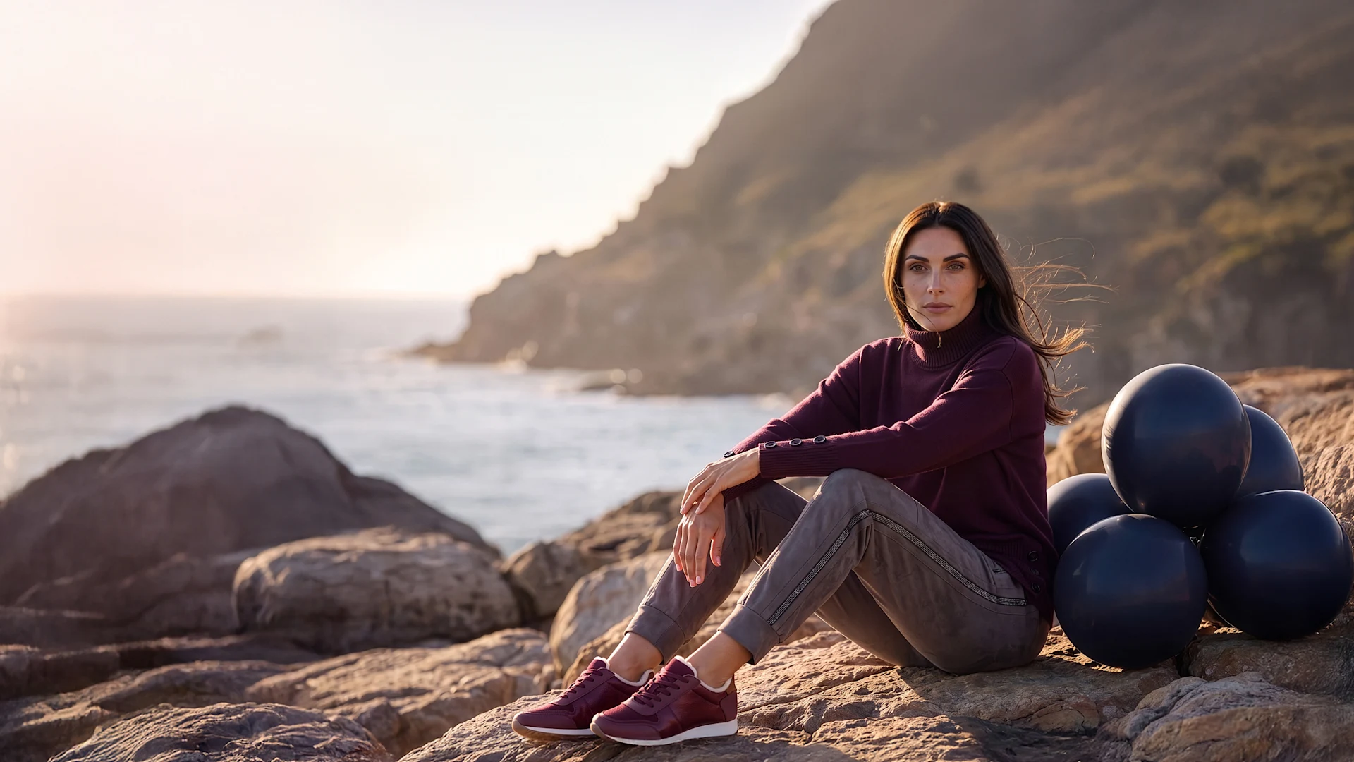 Ein Model sitzt auf einem Felsen. Es trägt einen bordeauxfarbenen Rollkragenpullover, eine graue Hose und bordeauxfarbene Sneaker.