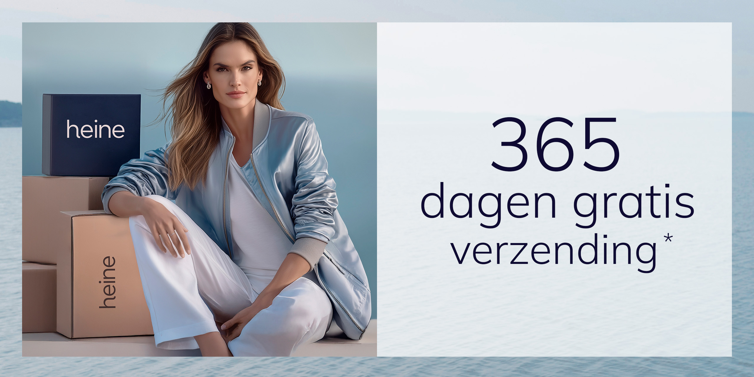 Een model zit naast dozen met het opschrift 'heine', daarnaast staat de tekst: '365 dagen gratis verzending'.*