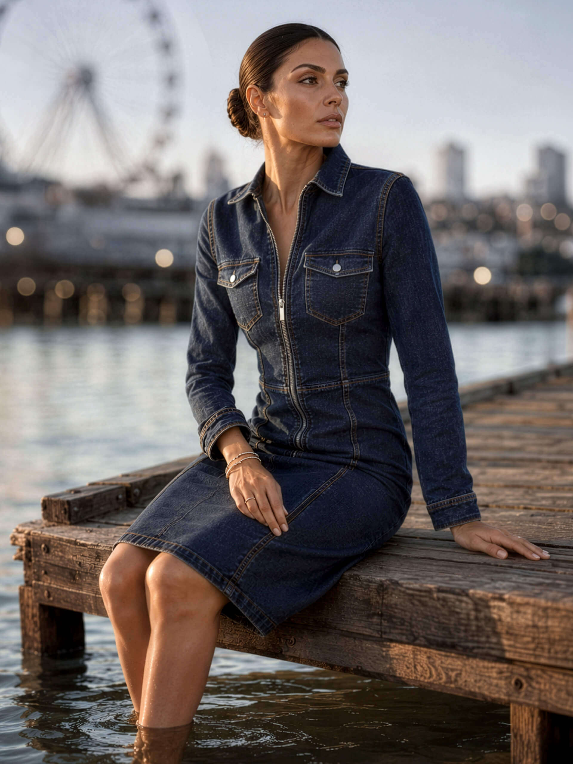 Ein Model sitzt am Wasser auf einem Holzsteg und trägt ein dunkles Jeanskleid; im Hintergrund ein Riesenrad.
