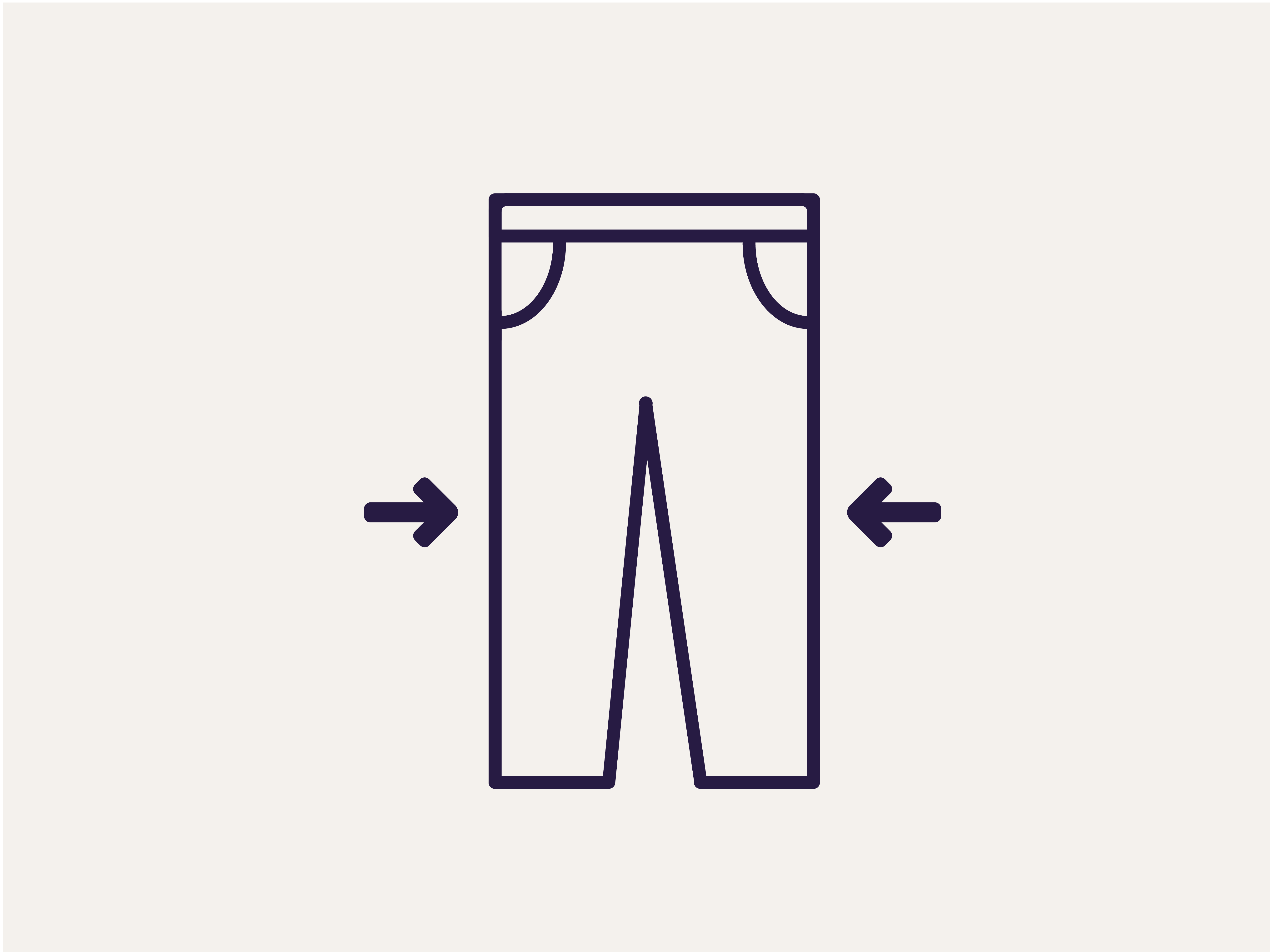 Symbool van een broek met twee pijlen die naar binnen wijzen, voor een smallere pasvorm, tegen een beige achtergrond.