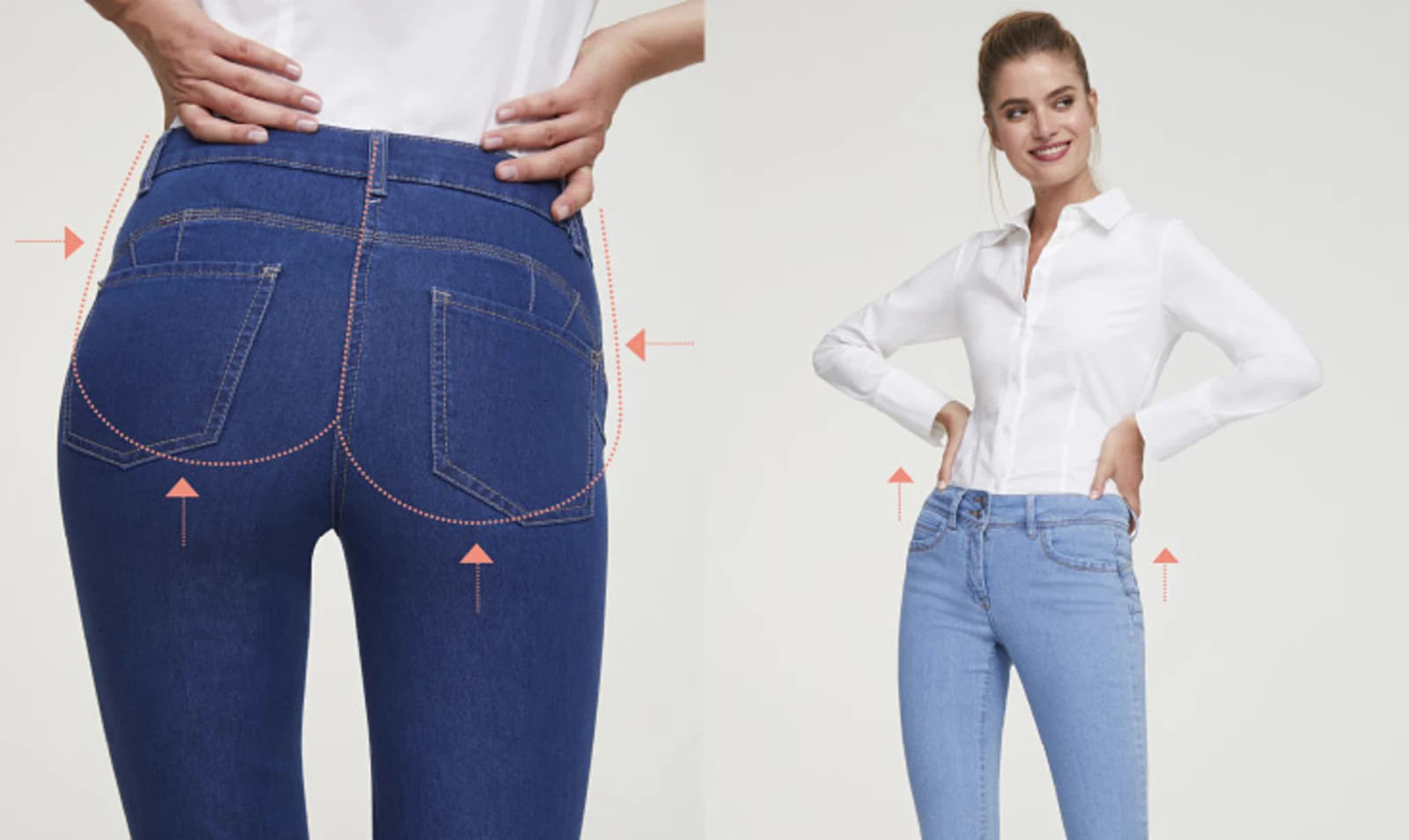 Eine Frau in figurbetonten Jeans, links dunkles Denim mit Rückansicht und rechts helles Denim mit Vorderansicht; Fokus auf Passform und Schnittdetails. Eine Frau in figurbetonten Jeans, links dunkles Denim mit Rückansicht und rechts helles Denim mit Vorderansicht; Fokus auf Passform und Schnittdetails.