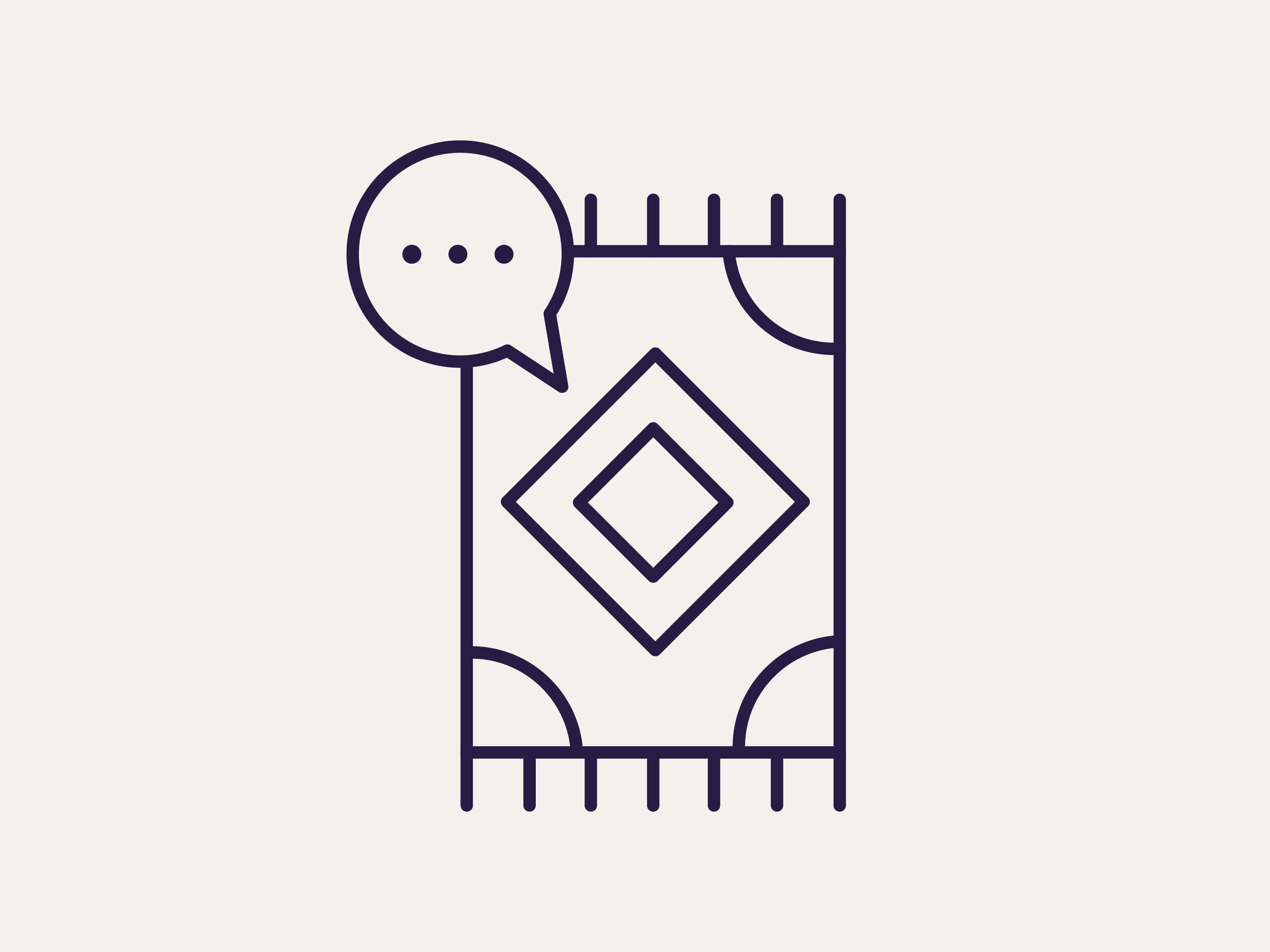 Symbol eines Teppichs mit geometrischem Muster und einer Sprechblase mit drei Punkten auf beigem Hintergrund.