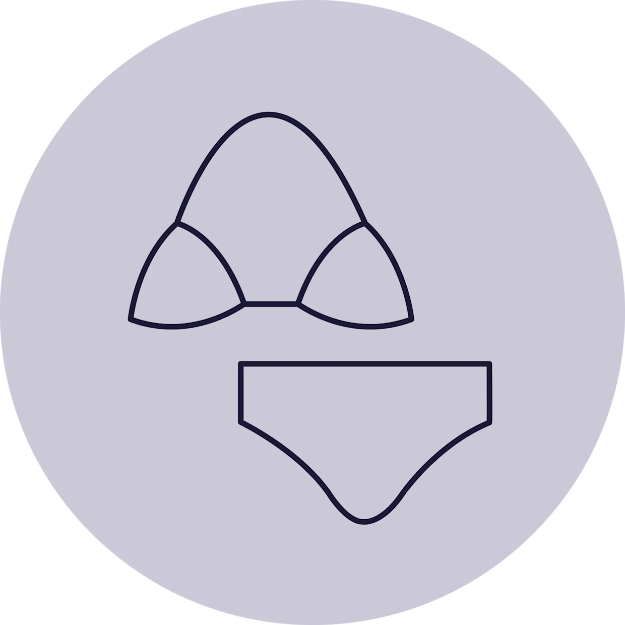 Das Symbol zeigt eine stilisierte Darstellung eines Triangel-Bikinis mit einem Oberteil in Form von zwei Dreiecken und einem Bikinihöschen, innerhalb eines grauen Kreises.