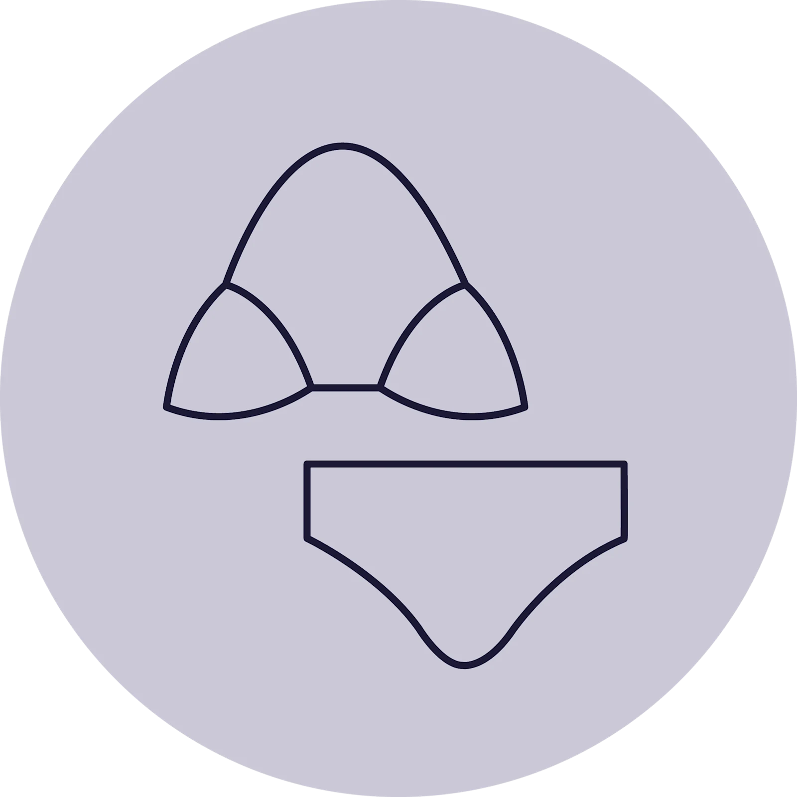 Das Symbol zeigt eine stilisierte Darstellung eines Triangel-Bikinis mit einem Oberteil in Form von zwei Dreiecken und einem Bikinihöschen, innerhalb eines grauen Kreises.