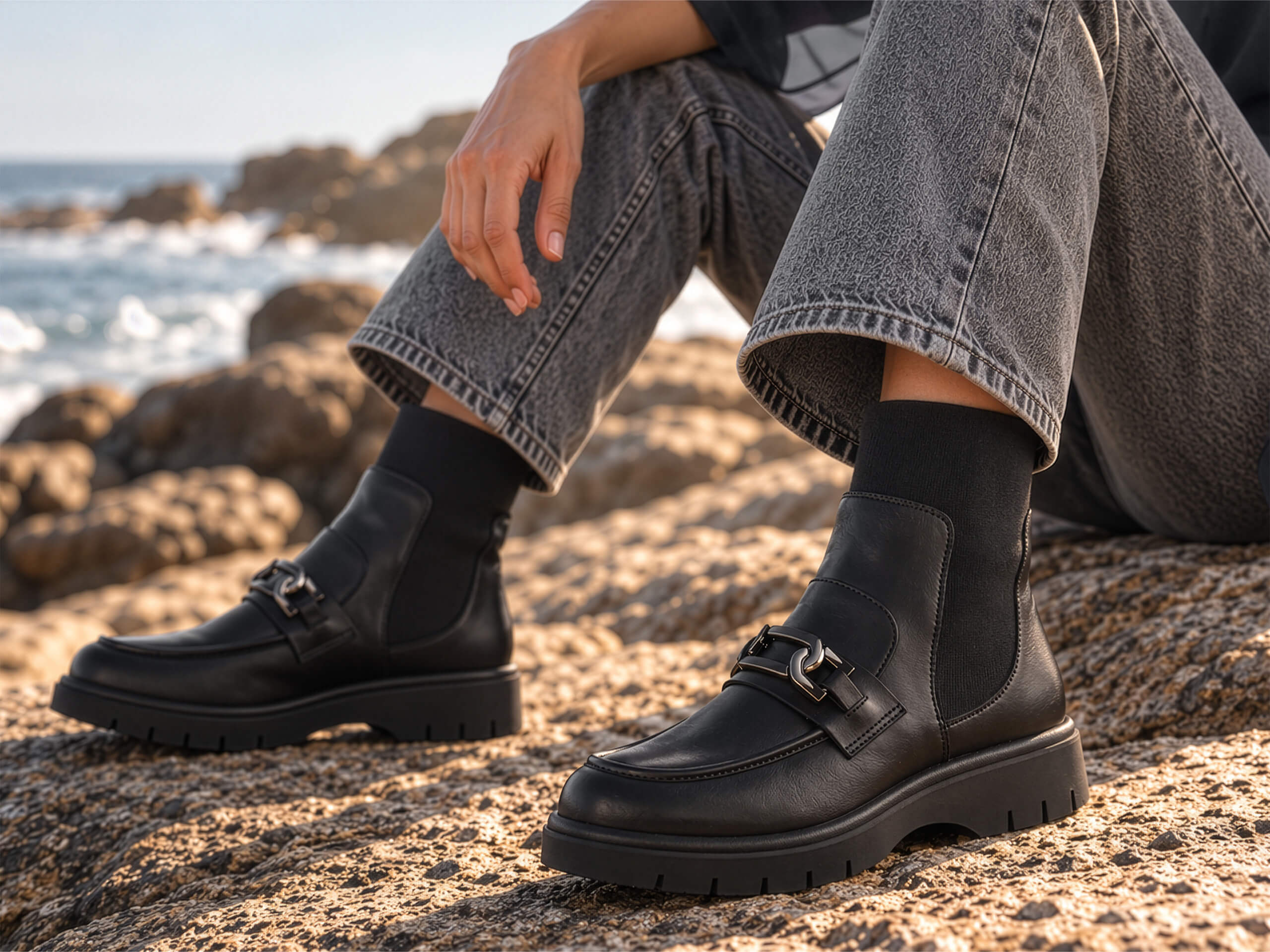 Ein Model in grauen Jeans und schwarzen Boots mit Spange sitzt auf Felsen an der Küste. Im Hintergrund ist das Meer zu sehen.