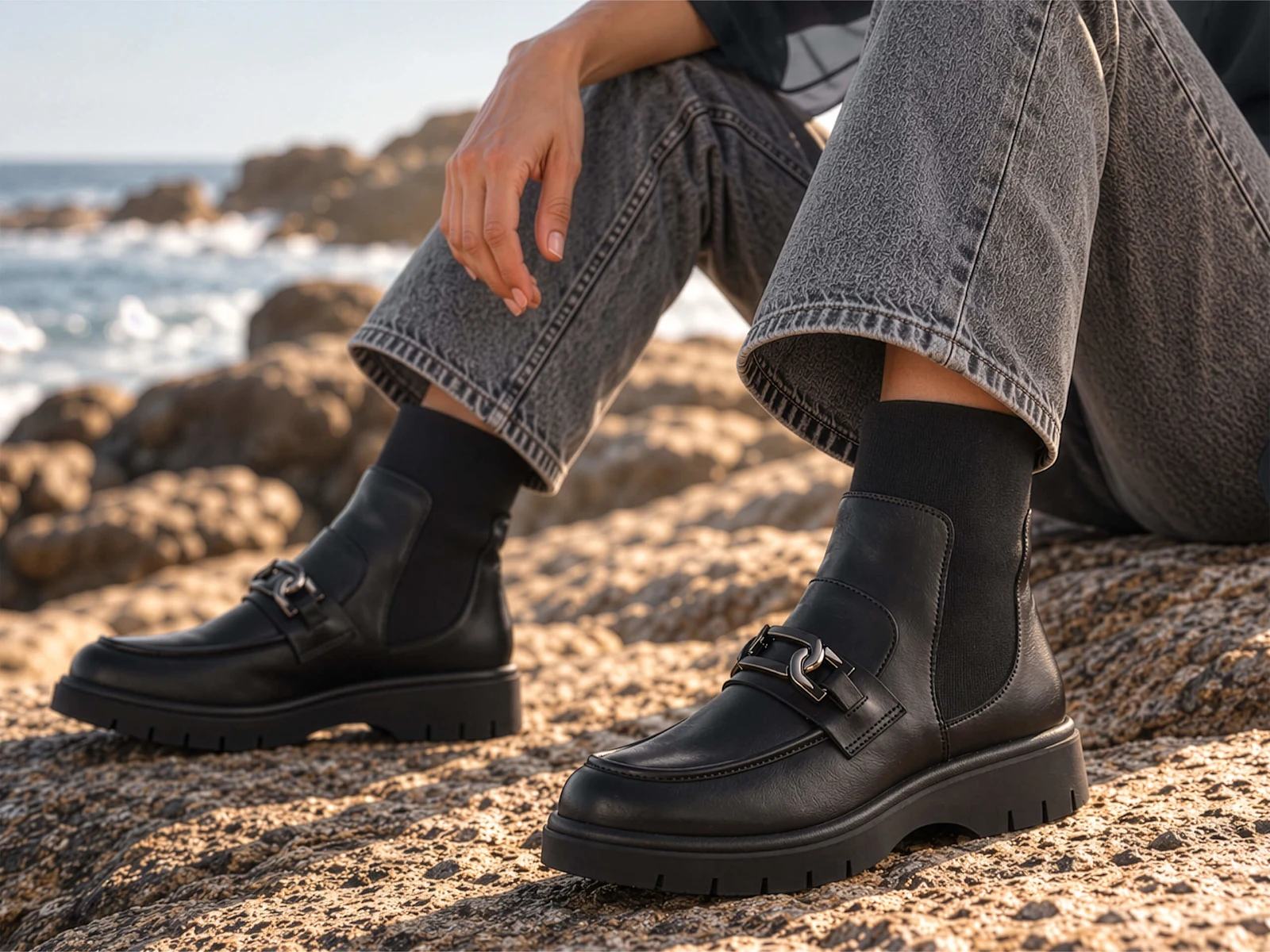 Ein Model in grauen Jeans und schwarzen Boots mit Spange sitzt auf Felsen an der Küste. Im Hintergrund ist das Meer zu sehen.