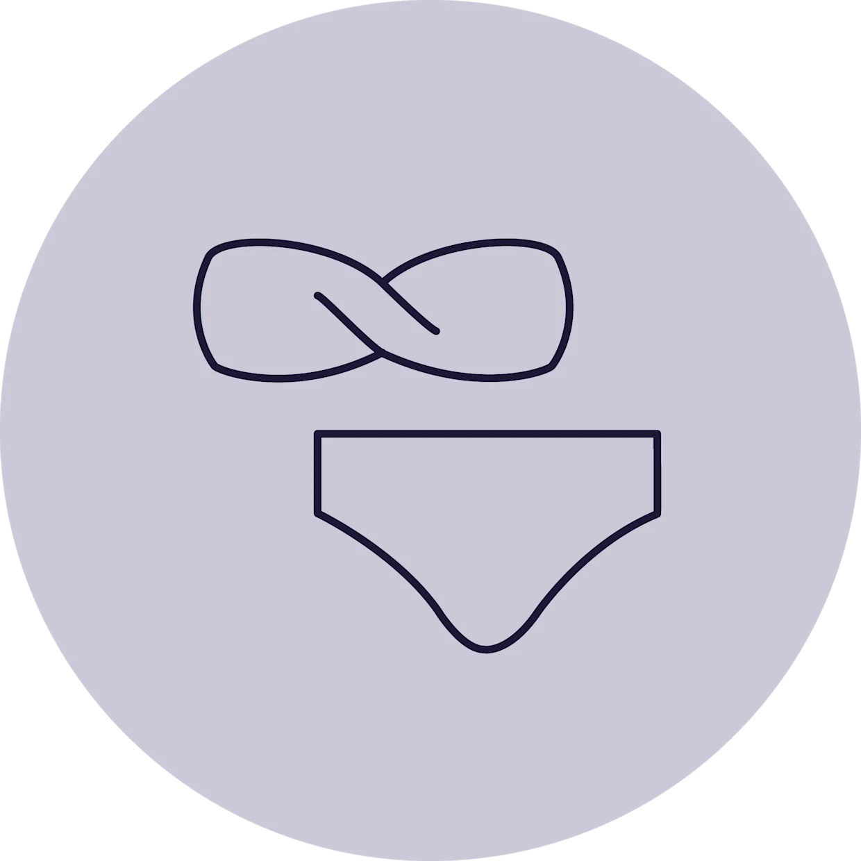 Das Symbol zeigt eine stilisierte Darstellung eines Bandeau-Bikinis, bestehend aus einem trägerlosen Oberteil und einem Bikinihöschen, innerhalb eines grauen Kreises.