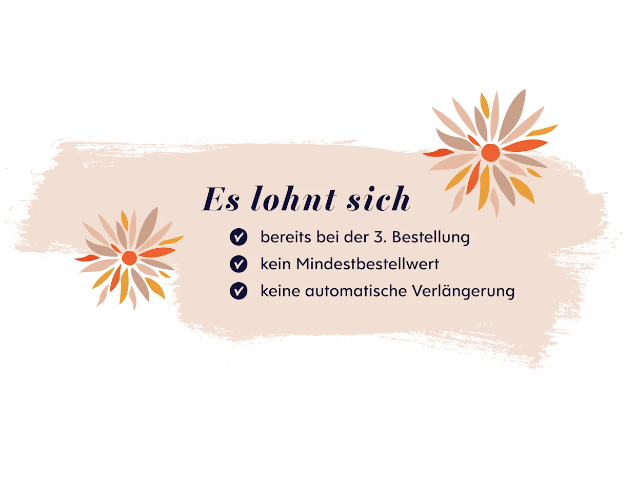 Beiger Hintergrund mit zwei stilisierten Blumen in Orange- und Brauntönen, Text 'Es lohnt sich' sowie Vorteile wie keine Mindestbestellwert, keine automatische Verlängerung und bereits ab der 3. Bestellung.´ Beiger Hintergrund mit zwei stilisierten Blumen in Orange- und Brauntönen, Text 'Es lohnt sich' sowie Vorteile wie keine Mindestbestellwert, keine automatische Verlängerung und bereits ab der 3. Bestellung.´