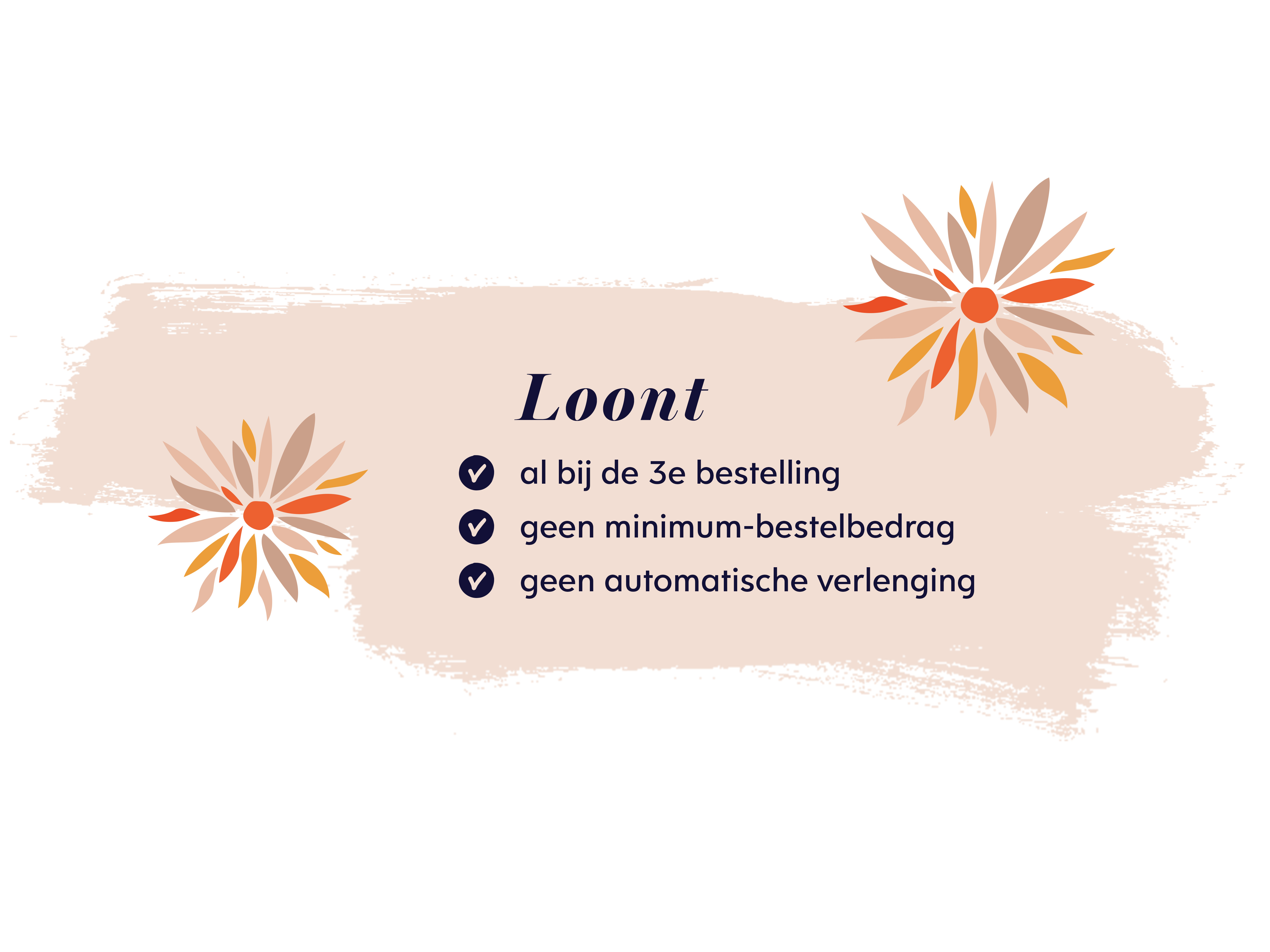 Beige achtergrond met twee gestileerde bloemen in oranje en bruine tinten, tekst 'Het is het waard' en voordelen zoals geen minimum bestelwaarde, geen automatische verlenging en vanaf de 3e bestelling.