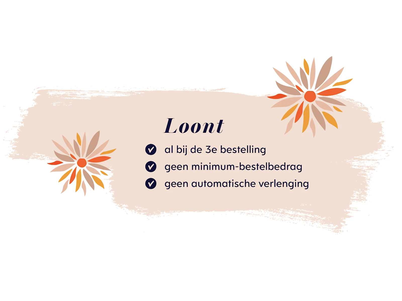 Beige achtergrond met twee gestileerde bloemen in oranje en bruine tinten, tekst 'Het is het waard' en voordelen zoals geen minimum bestelwaarde, geen automatische verlenging en vanaf de 3e bestelling. Beige achtergrond met twee gestileerde bloemen in oranje en bruine tinten, tekst 'Het is het waard' en voordelen zoals geen minimum bestelwaarde, geen automatische verlenging en vanaf de 3e bestelling.