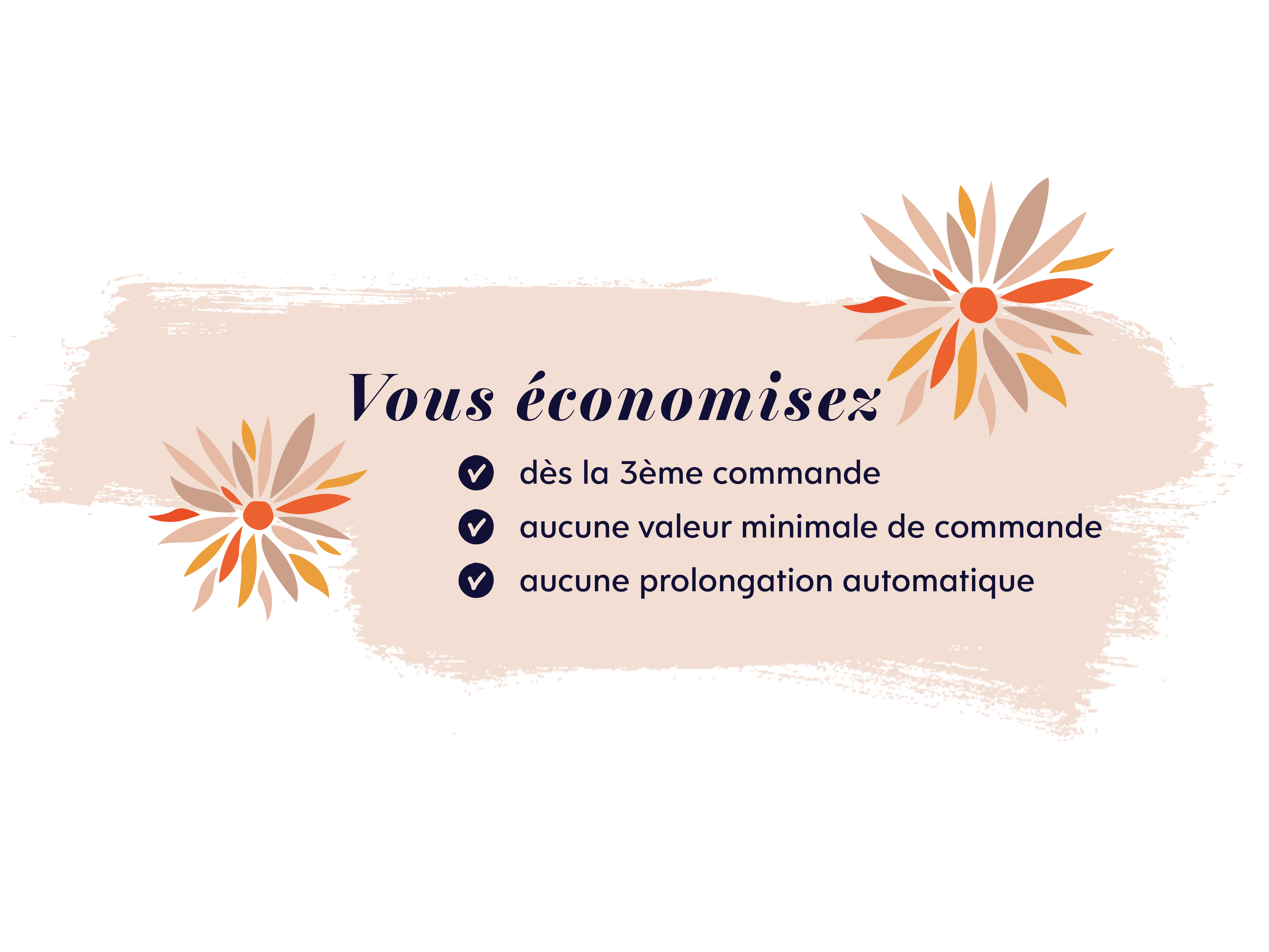 Fond beige avec deux fleurs stylisées dans les tons orange et marron, texte 'Ça vaut le coup' et avantages tels que pas de minimum de commande, pas de renouvellement automatique et déjà à partir de la 3e commande'.