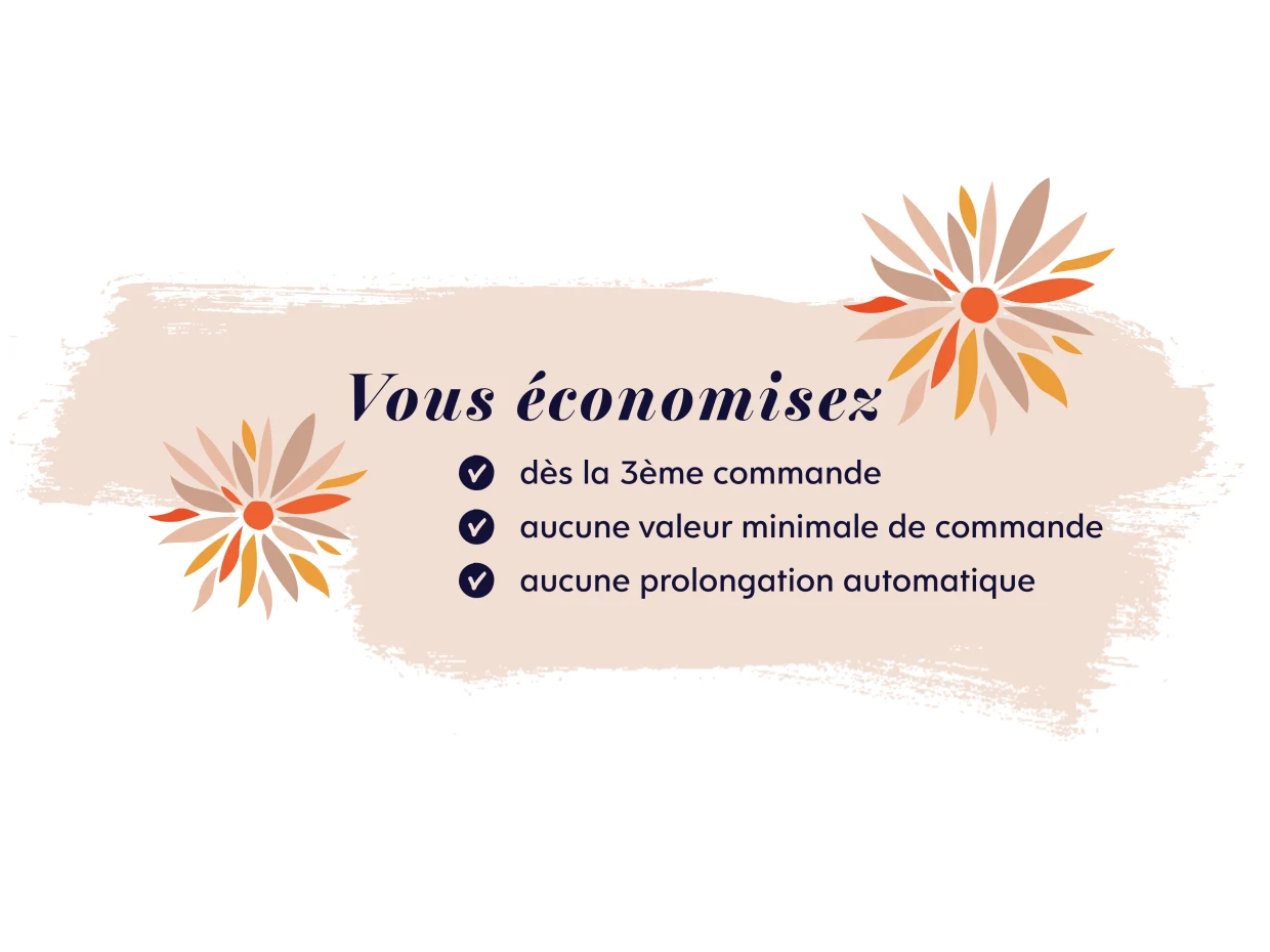 Fond beige avec deux fleurs stylisées dans les tons orange et marron, texte 'Ça vaut le coup' et avantages tels que pas de minimum de commande, pas de renouvellement automatique et déjà à partir de la 3e commande'. Fond beige avec deux fleurs stylisées dans les tons orange et marron, texte 'Ça vaut le coup' et avantages tels que pas de minimum de commande, pas de renouvellement automatique et déjà à partir de la 3e commande'.
