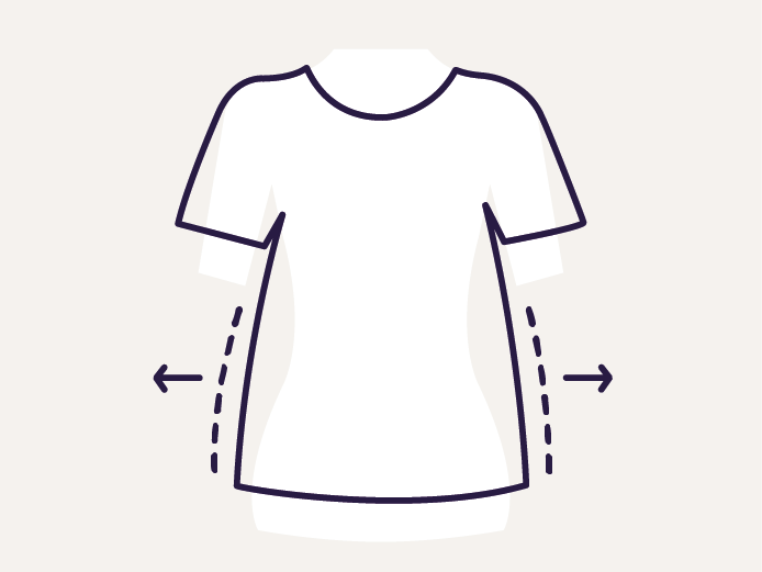 Symbol eines weissen T-Shirts mit taillierter Passform, dargestellt mit Pfeilen und gestrichelten Linien zur Betonung der Anpassung an die Körperform.