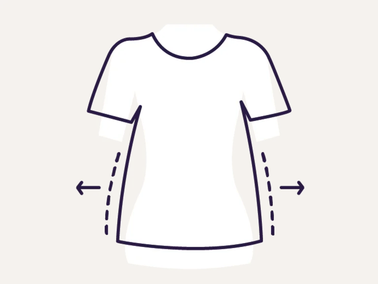 Symbool van een wit T-shirt met een getailleerde pasvorm, weergegeven met pijlen en stippellijnen om de pasvorm te benadrukken. Symbool van een wit T-shirt met een getailleerde pasvorm, weergegeven met pijlen en stippellijnen om de pasvorm te benadrukken.