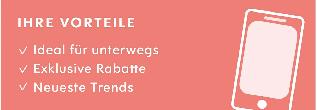 Symbol auf rosa Hintergrund mit weissem Text: 'Ihre Vorteile' in der App, daneben eine skizzierte Smartphone-Abbildung. Symbol auf rosa Hintergrund mit weissem Text: 'Ihre Vorteile' in der App, daneben eine skizzierte Smartphone-Abbildung.