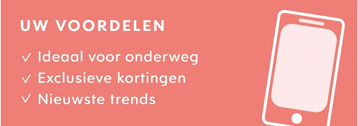Pictogram op een roze achtergrond met witte tekst: 'Jouw voordelen' in de app, met daarnaast een geschetste afbeelding van een smartphone. Pictogram op een roze achtergrond met witte tekst: 'Jouw voordelen' in de app, met daarnaast een geschetste afbeelding van een smartphone.