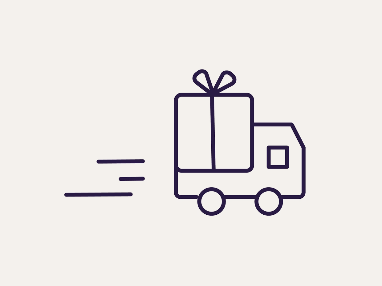 Symbole d'une camionnette avec un cadeau sur fond beige.